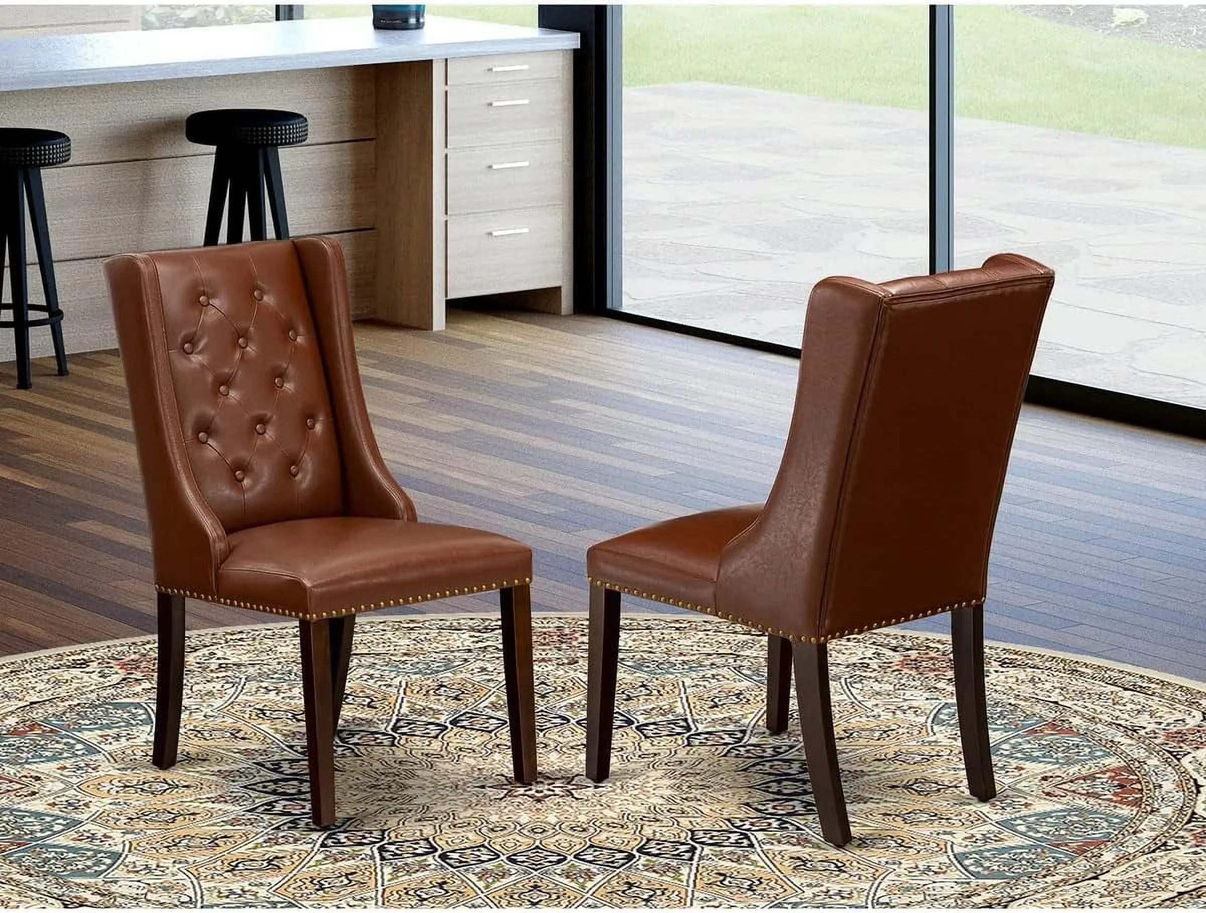 FOP3T46 Forney Parsons Dining Chairs - Button Tufted Nailhead Trim Brown Faux Faux Leather Upholstered Chairs, Set Of 2, Mahogany