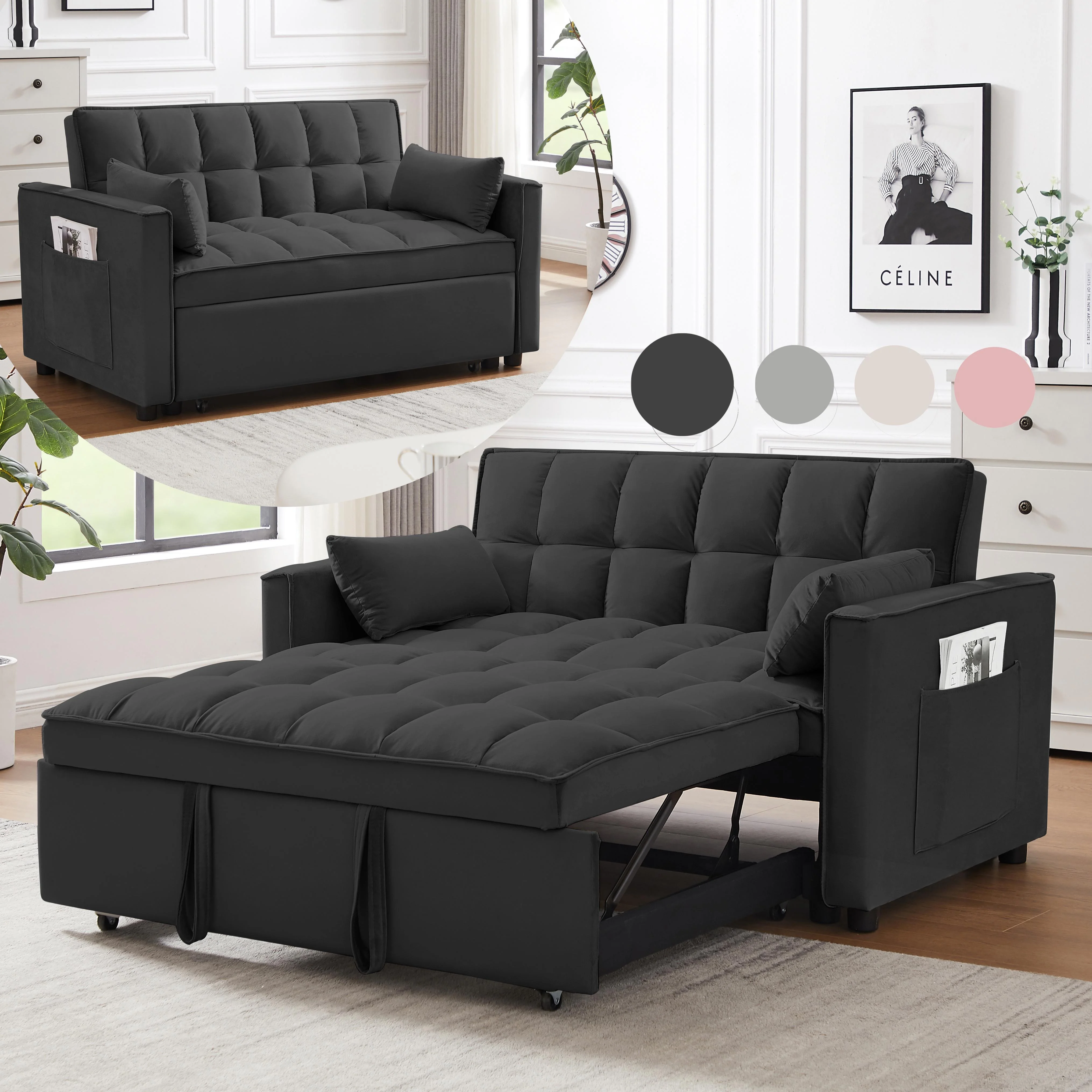 Bellemave Sleeper Sofa Bed 3-in-1 Convertible Couch with Pullout Bed, Futon 2-Seater Loveseat with Toss Pillows and Storage Pockets, 3 Level Adjustable Backrest Sofa for Living Room （Black）
