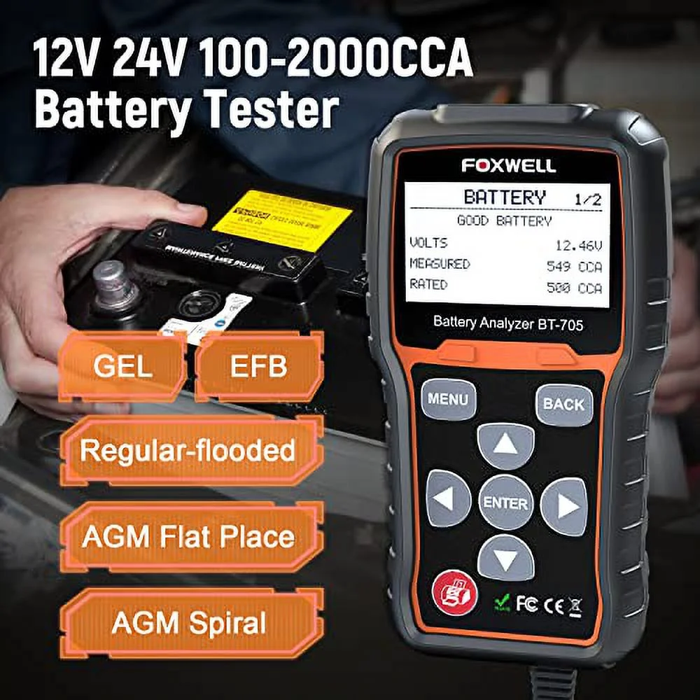 FOXWELL BT705 12V 24V Car Battery Tester Automotive 100-2000 CCA Battery Load Tester Auto Cranking and Charging System Test Scan Tool Digital Battery Analyzer for Vehicle and Heavy Duty Truck