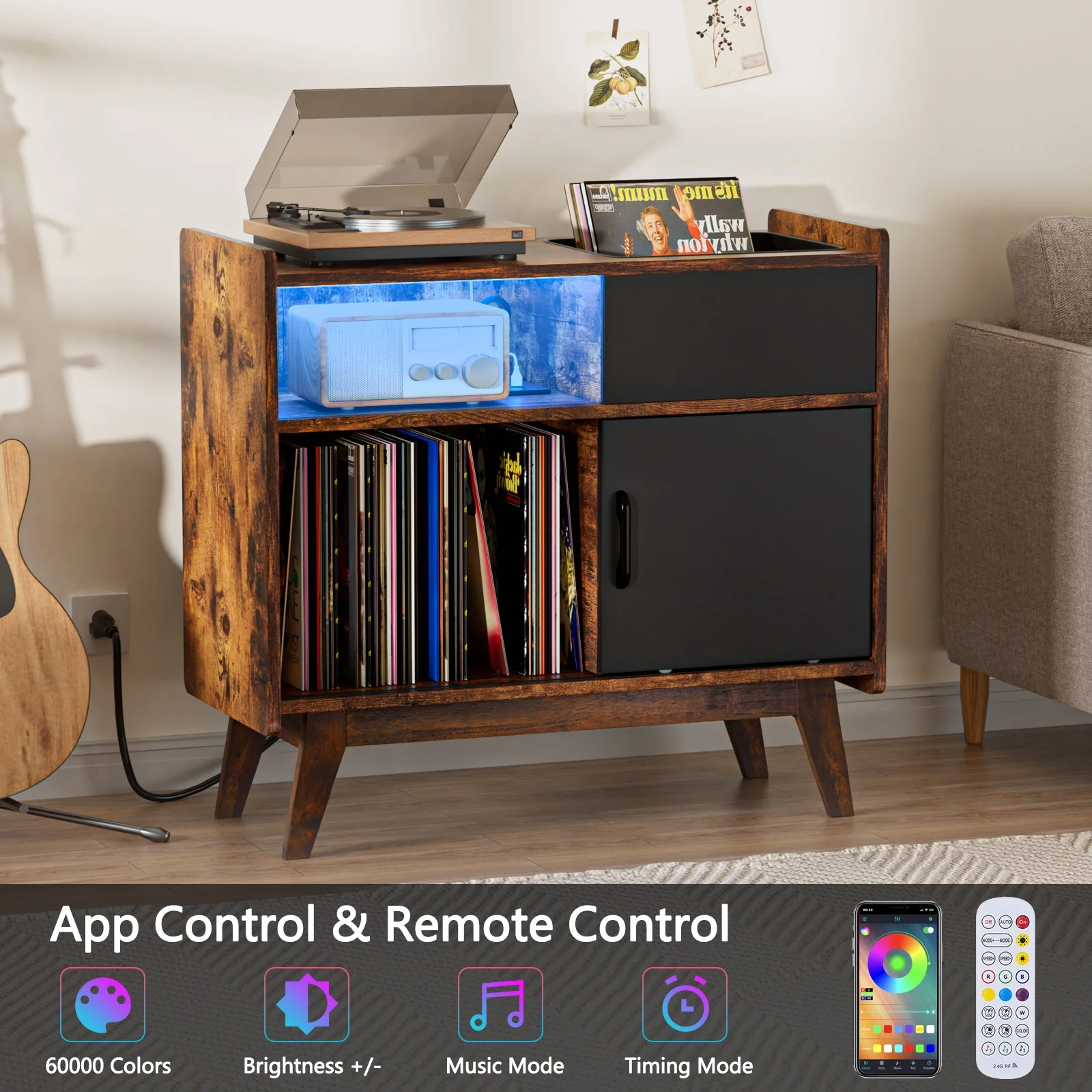 HAIOOU Record Storage Cabinet with Power Outlet and LED Lights for Living Room, Bedroom,Office