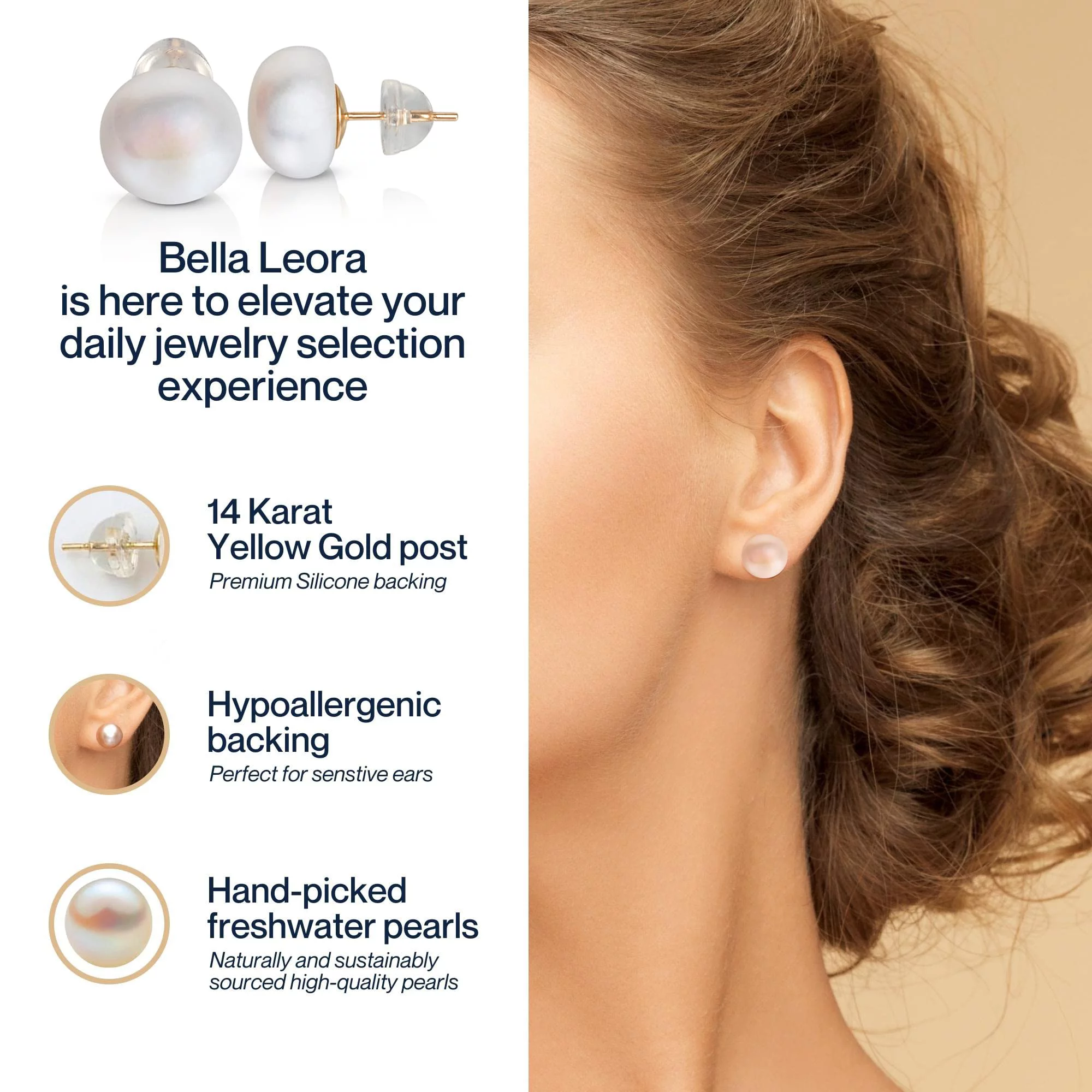 BELLA LEORA White Button AAA Freshwater Real Pearl Earrings - Great Holiday Gift for Women - 14k Yellow Gold Stud Earrings | Hypoallergenic Earrings with Genuine Cultured Pearls, 10.0mm-11.0mm