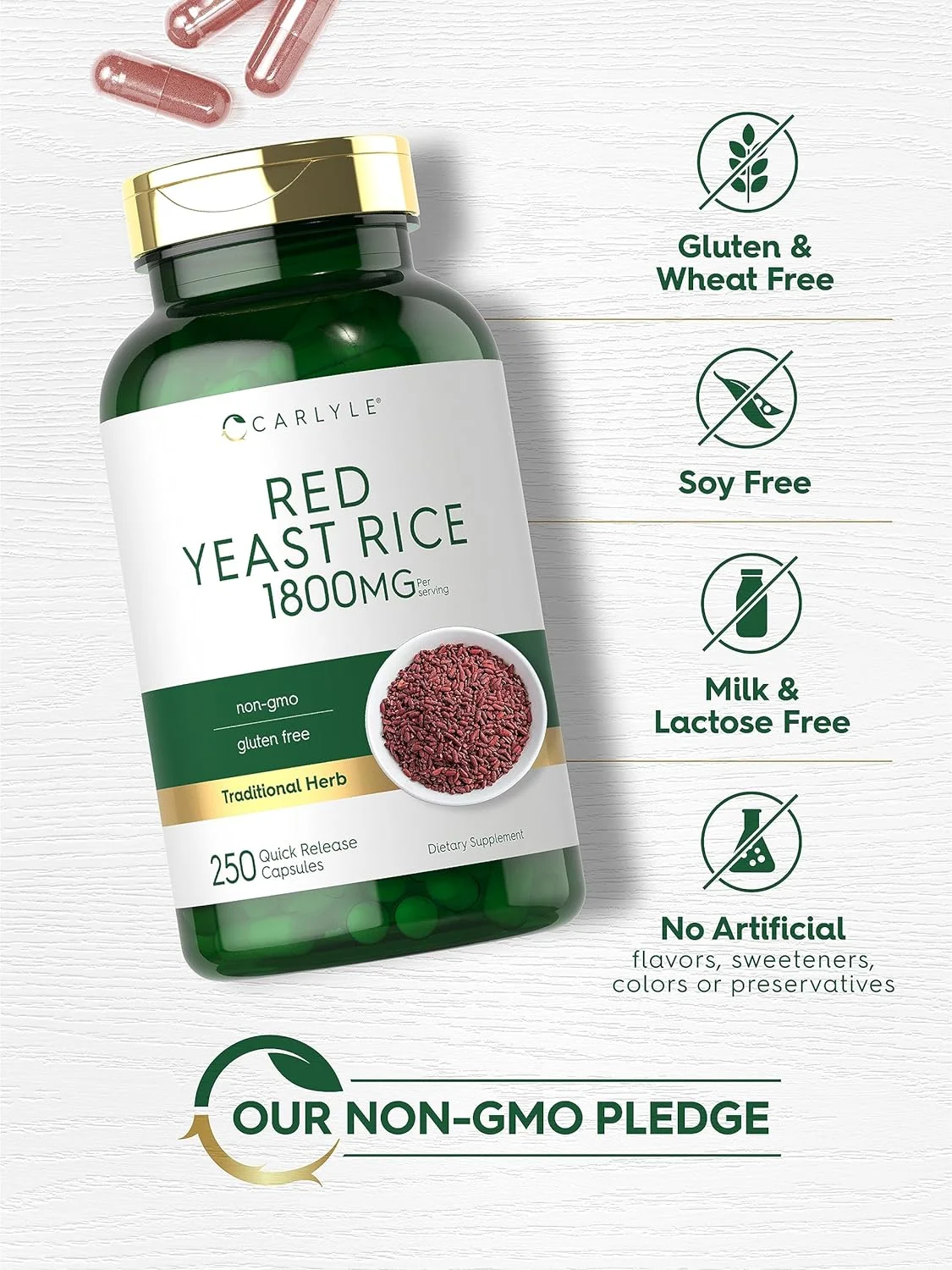 Red Yeast Rice 1800 mg | 250 Capsules | Non-GMO, Gluten Free Supplement | by Carlyle