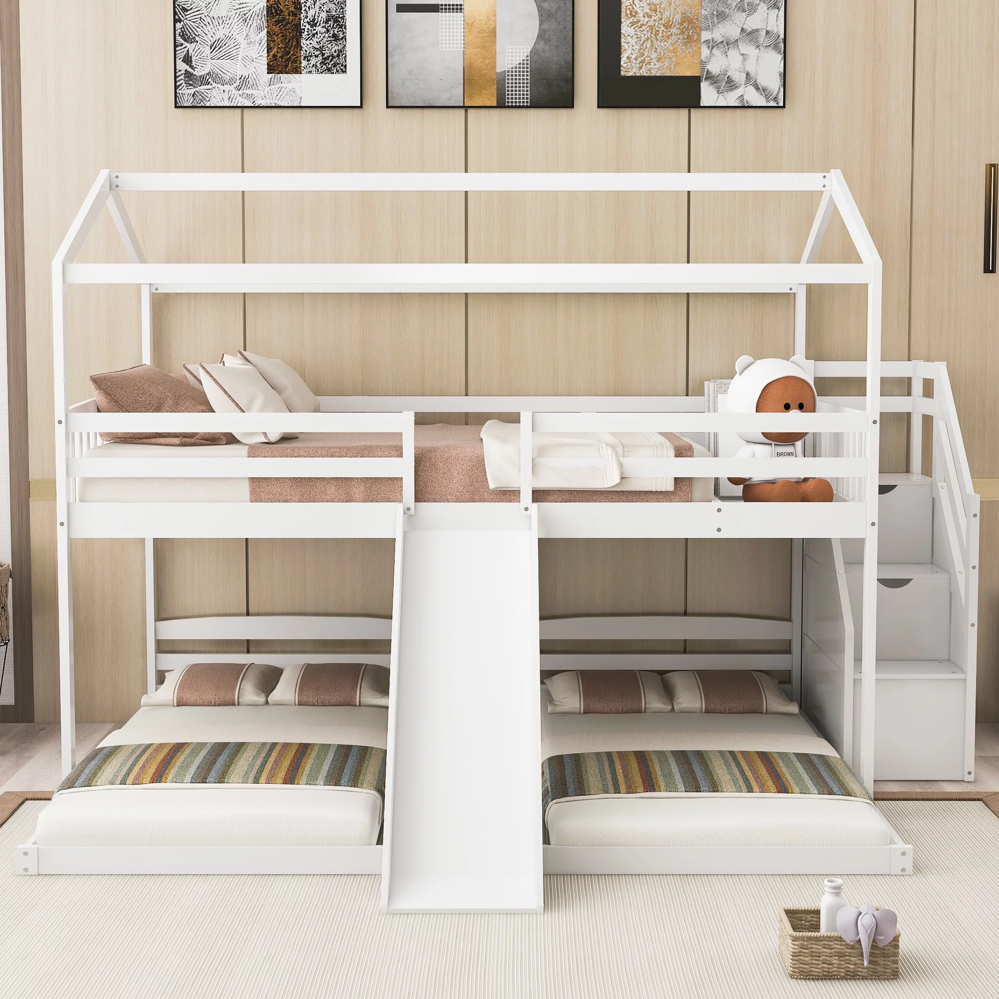 EUROCO Full over Twin & Twin Bunk Bed with Slide and Shelf for Kids Bedroom, White