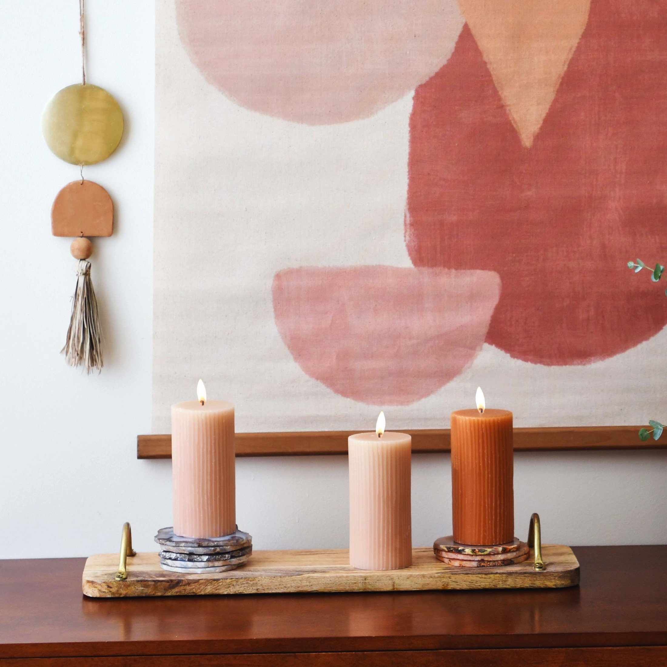 Main + Mesa Boho Rectangle Mango Wood Tray with Metal Handles, Natural and Gold