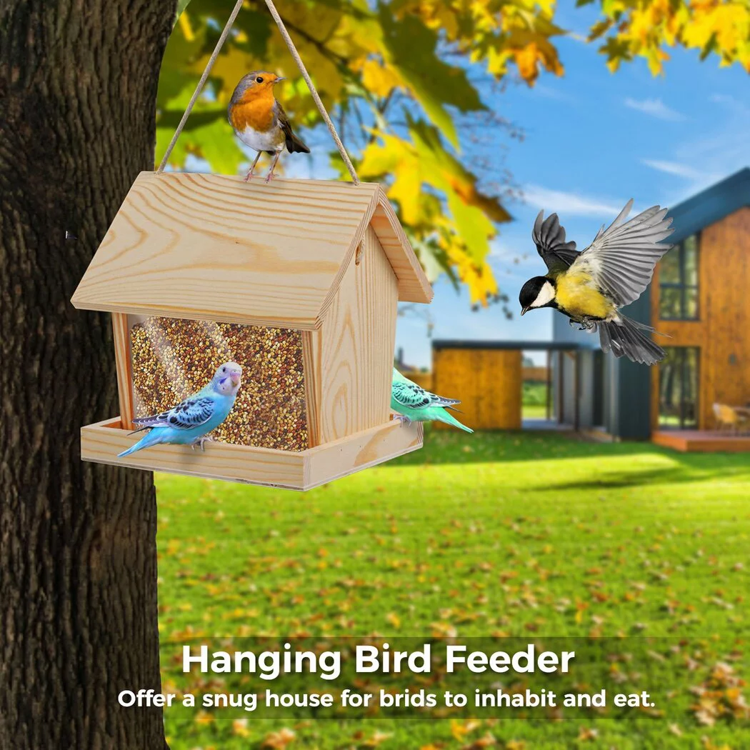 Hanging Wooden Bird Feeder, Farmhouse Bird Feeder with 2 Landing Trays, Durable Feeding Station for Wild Birds, Outdoor Bird Feeder House for Balcony, Garden, Eave