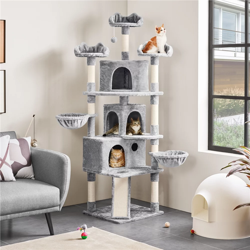 Easyfashion 76.5inch Large Cat Tree Tower with 3 Condos, Light Gray
