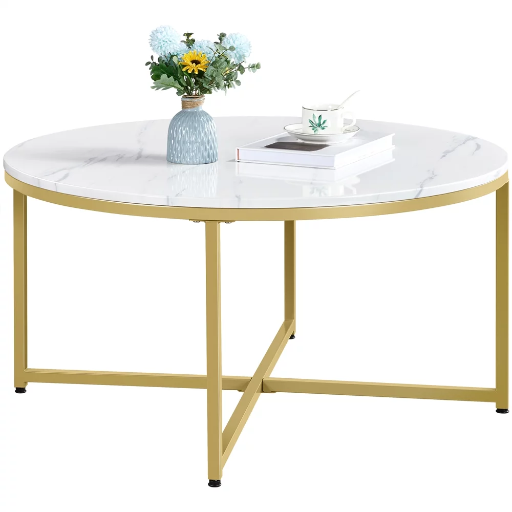 Topeakmart Modern Round Faux Marble Coffee Table with Sturdy Metal Legs, Gold