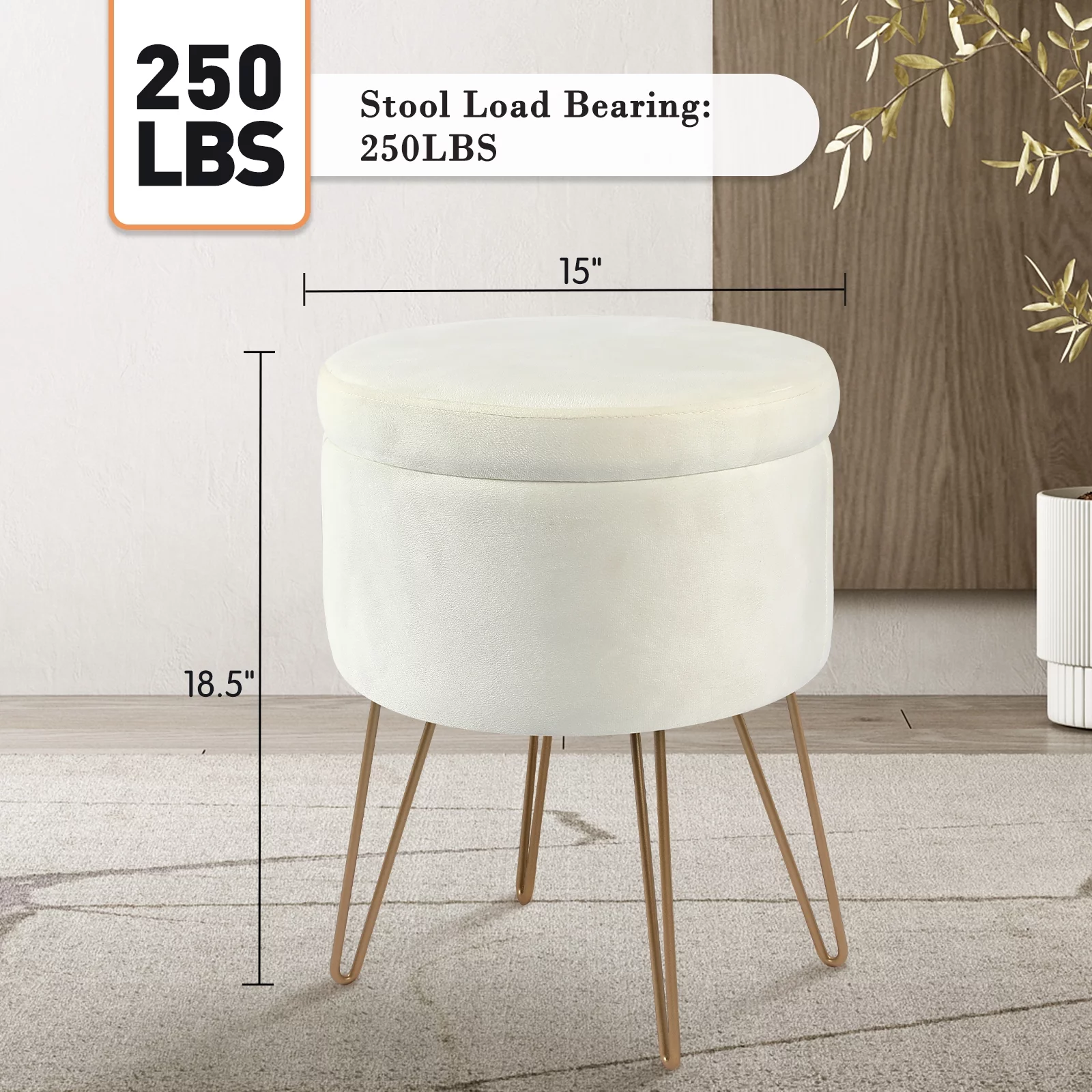 Fionafurn Round Storage Ottoman, Velvet Vanity Stool Foot Rest Removable Lid - Cream Color