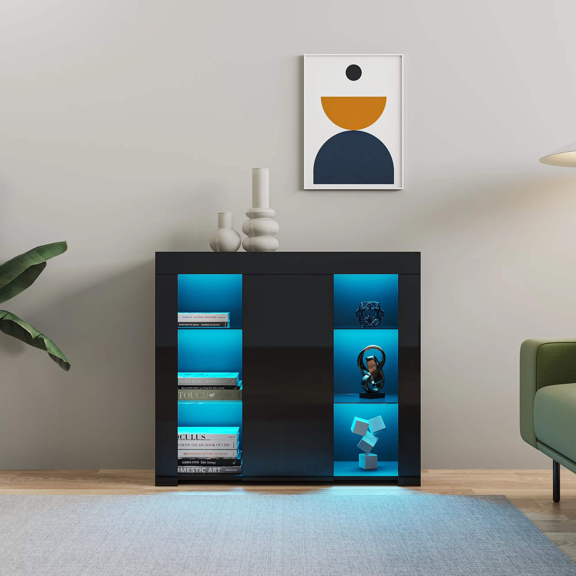 Ufurpie Kitchen Sideboard Cupboard with LED Light,Buffet Storage Cabinet,Display Cabinet,Black