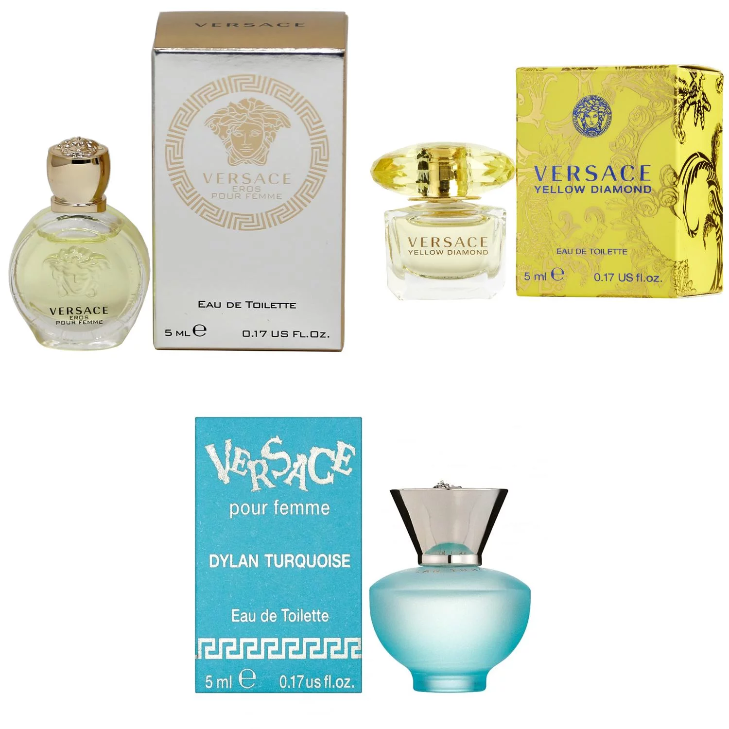 Versace Eros Women EDT, Yellow Diamond  EDT, Dylan Turquoise Femme  - 5ml 3PK Kit