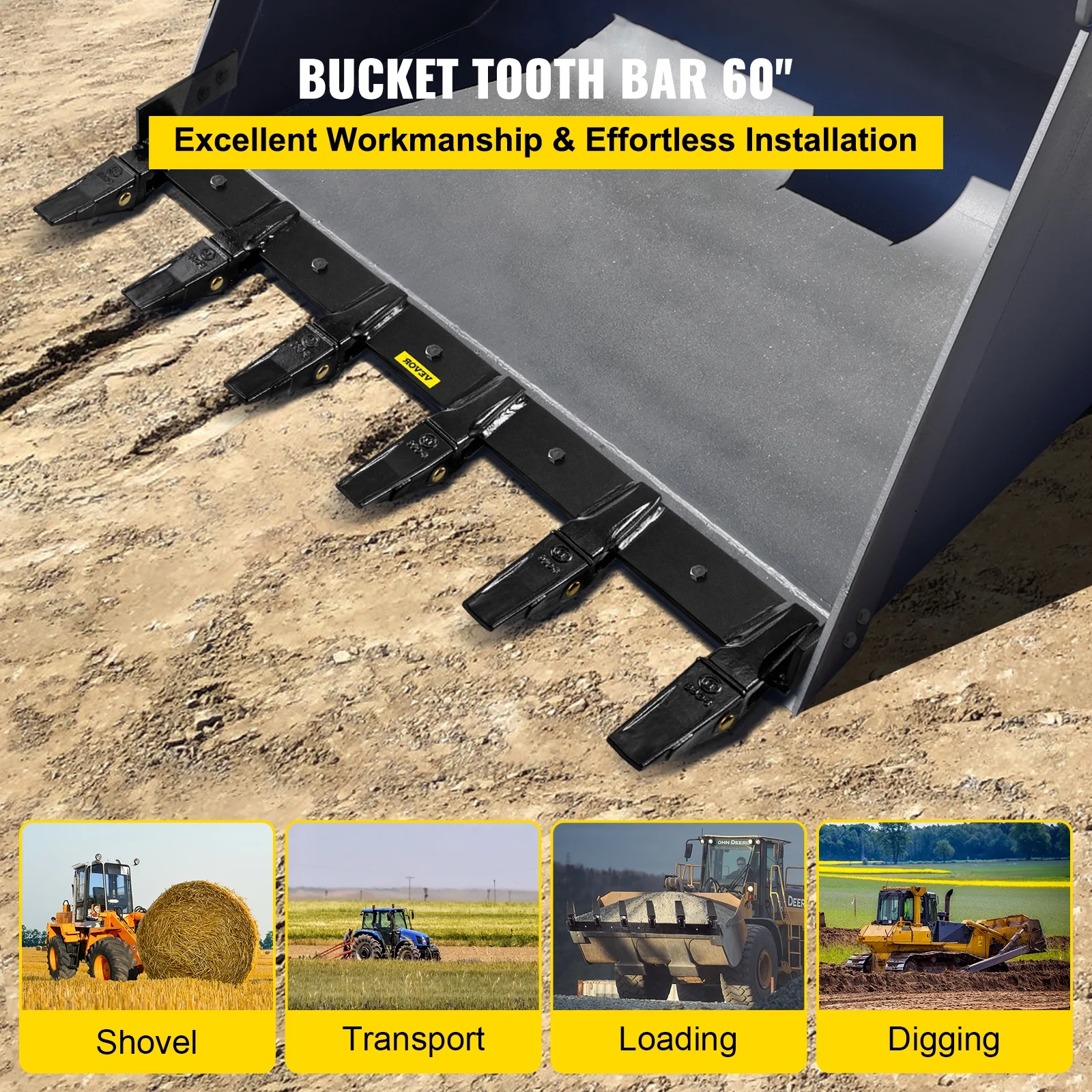 VEVOR Bucket Teeth Bar 60'' Inside Bucket Width Tractor Bucket Teeth 9.84'' Teeth Space Tooth Bar for Loader Bucket 23TF Bolt on Tooth Bucket Enables Penetration of Compacted Soil and Other Materials