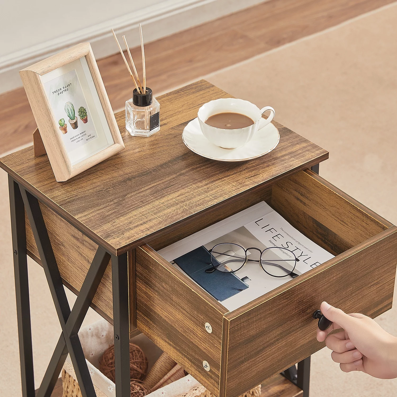 VECELO 3-Piece Occasional Table Set with Coffee Table + 2 End Tables, Brown