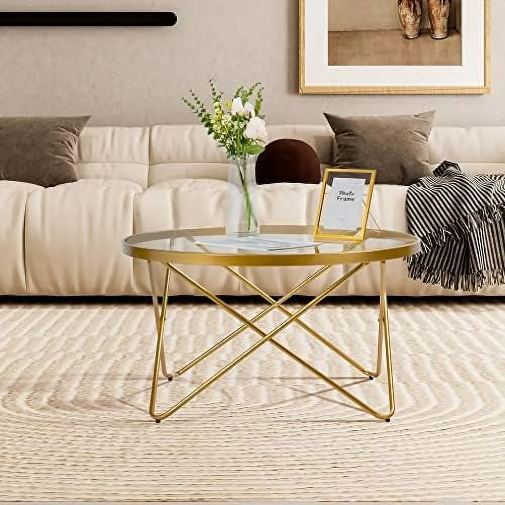FDXCKJP Round End Table with Clear Glass Golden Legs and Metal Frame  Mid Century Modern  for Small Space Narrow Living Room