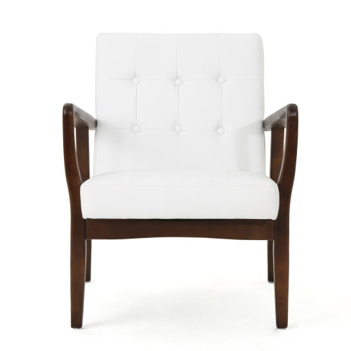 Mid Century Modern Faux Leather Club Chair with Wood Frame, White and Dark Espresso