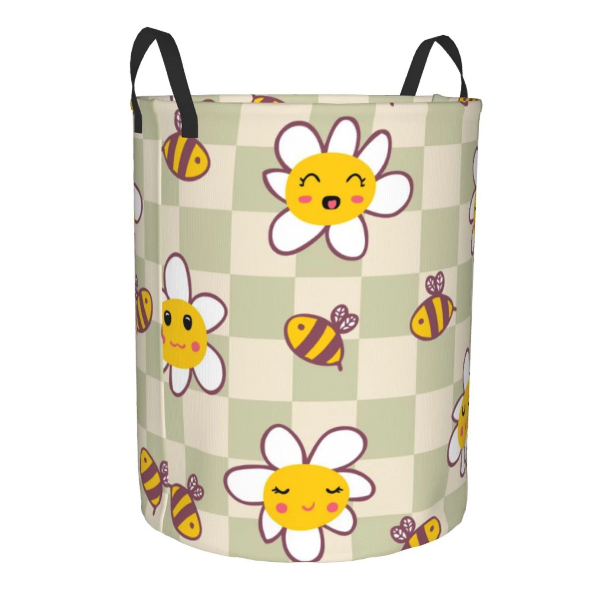 ZICANCN Laundry Basket Organizer, Retro Checkerboard Daisies Bees Collapsible Hamper for Bathroom Bedroom Laundry Room, Medium Size