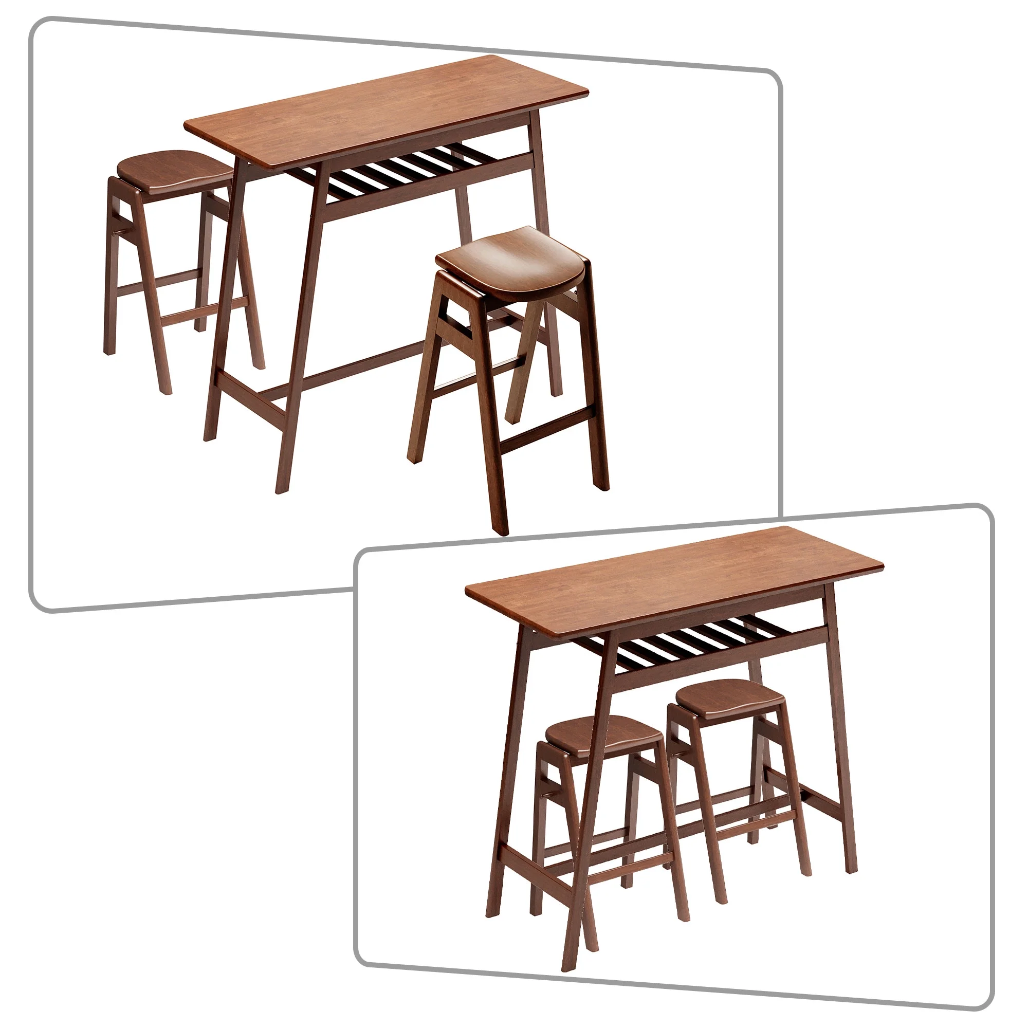 Minimalist 3 Pieces Dining Set with A Shelf and Rubberwood Frame for Kitchen, Dining Room, Antique Brown