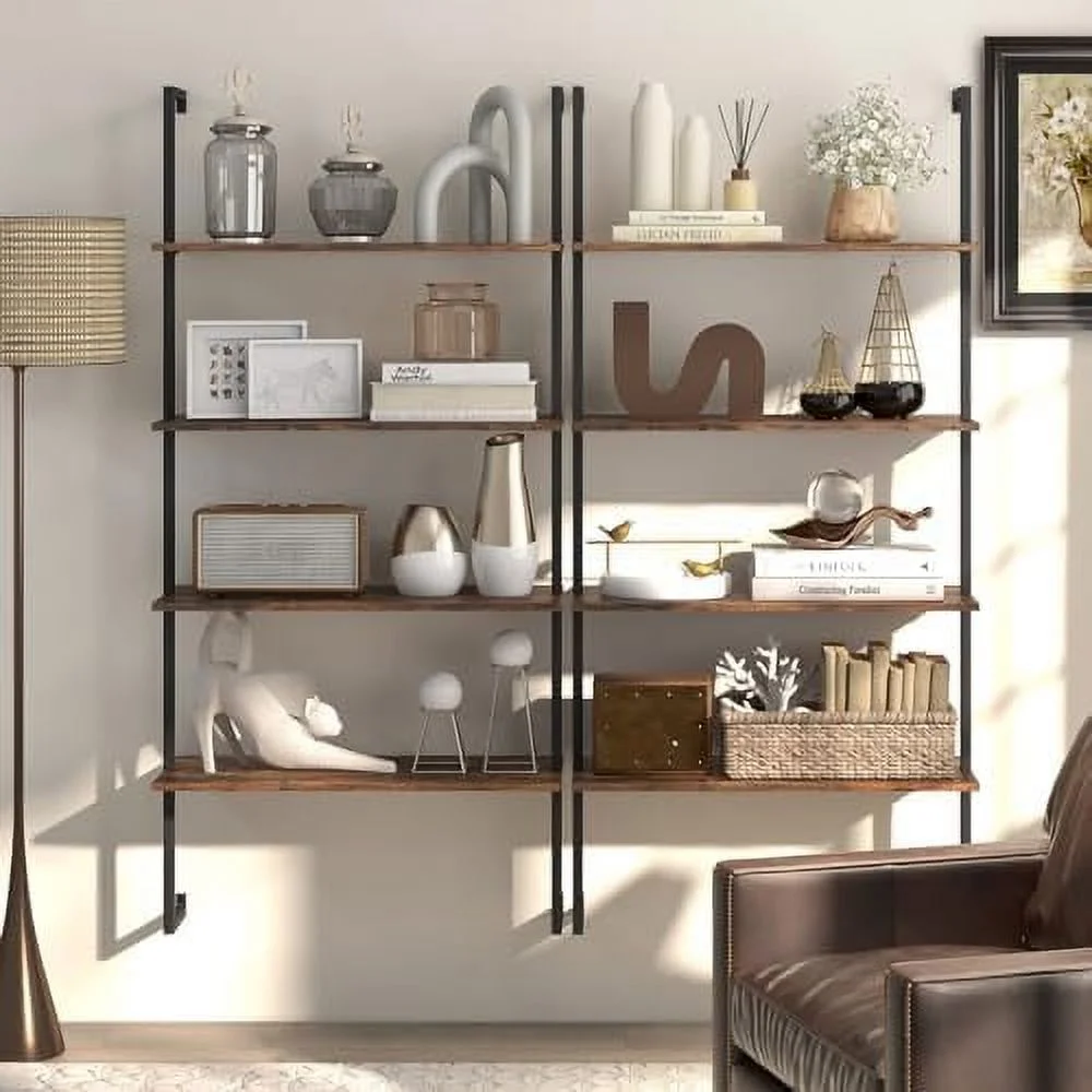 JDZHAPPYLIFE 4 Tier Modern Wall Mounted Bookshelf Rustic Brown  64" Industrial Wood Bookcase with Metal Frame  Display  Rack Organizer  Ladder  Bookcase for Living Room  Kitchen