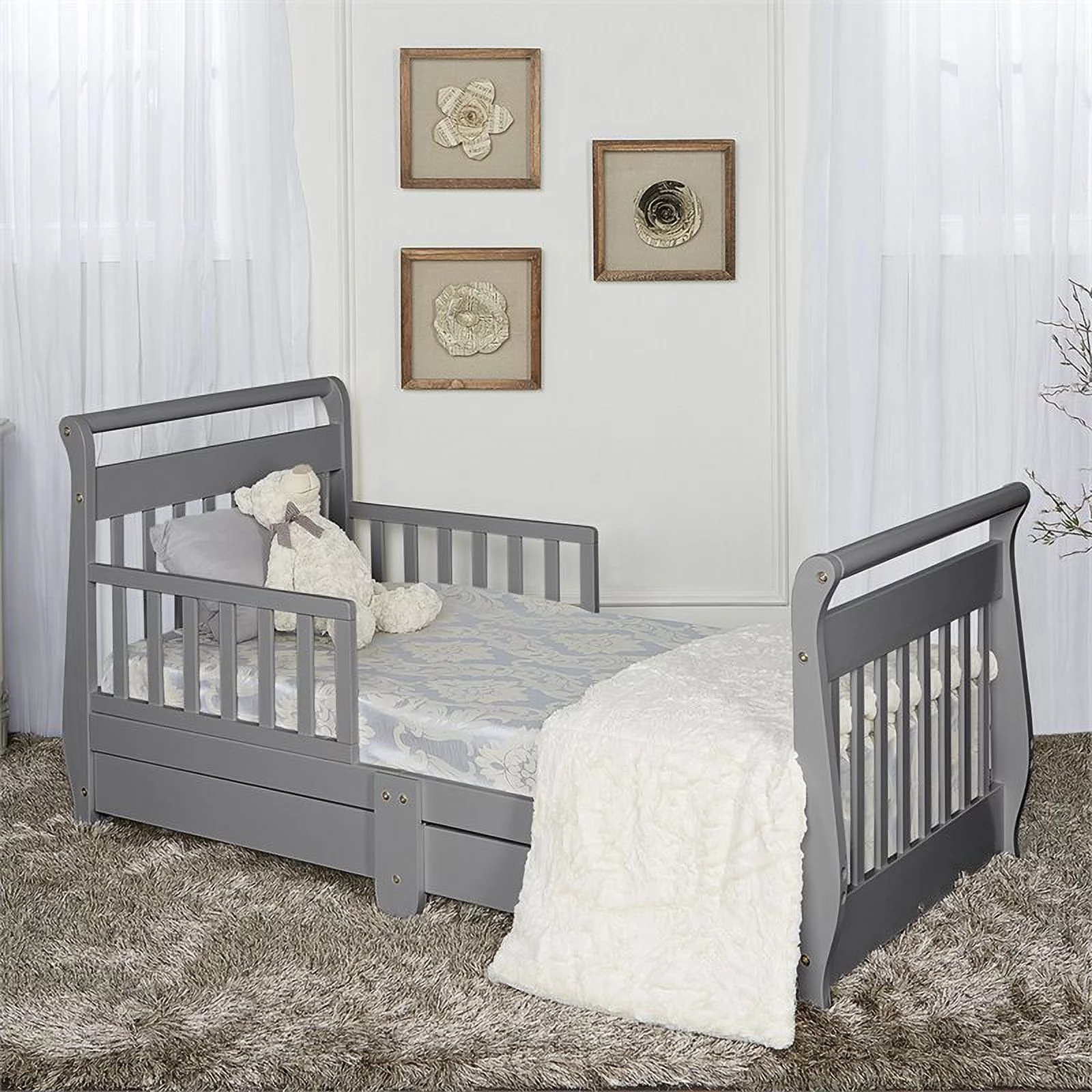 Dream On Me Sleigh Storage Toddler Bed in Storm Grey