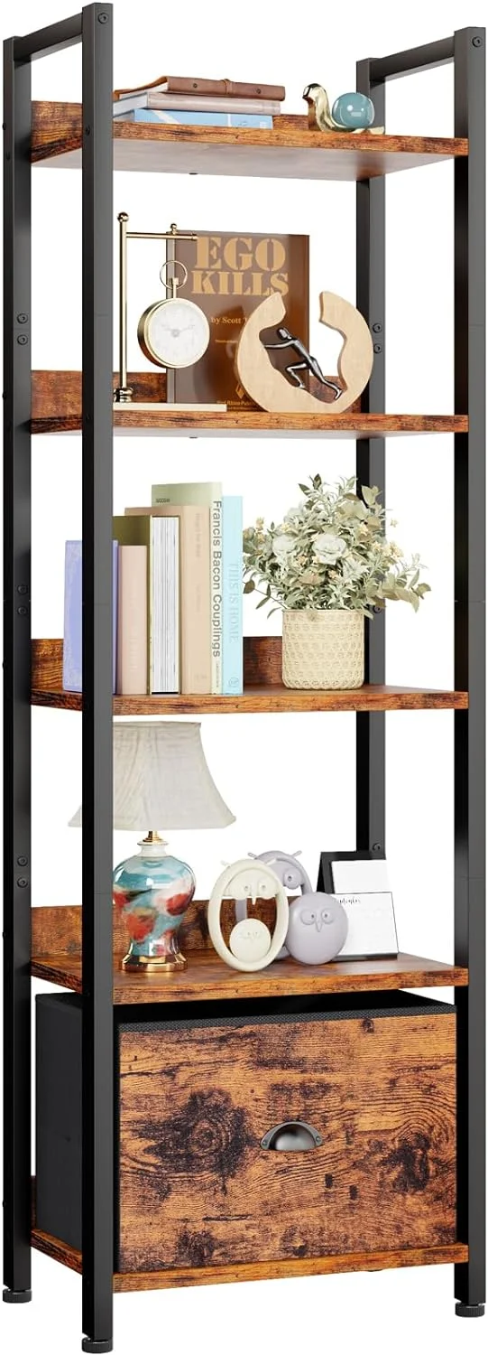 Rustic Brown 5 Tier Bookshelf with Drawer - Modern Display Storage Shelves for Bedroom, Living Room, Entryway