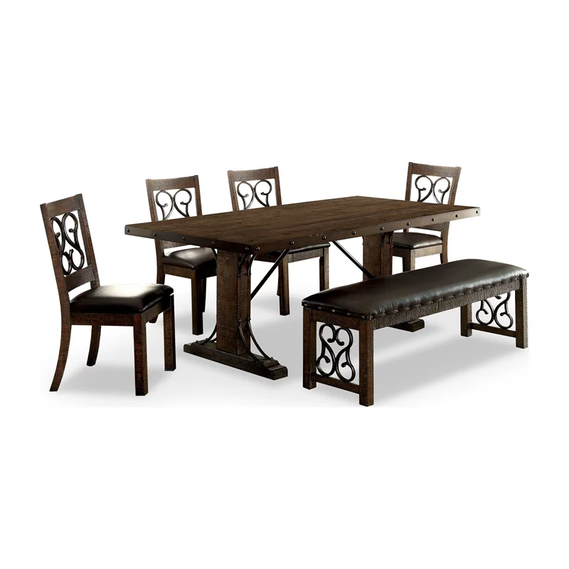 Furniture of America Arlyne Rustic Walnut Wood 6-Piece Dining Set with Bench