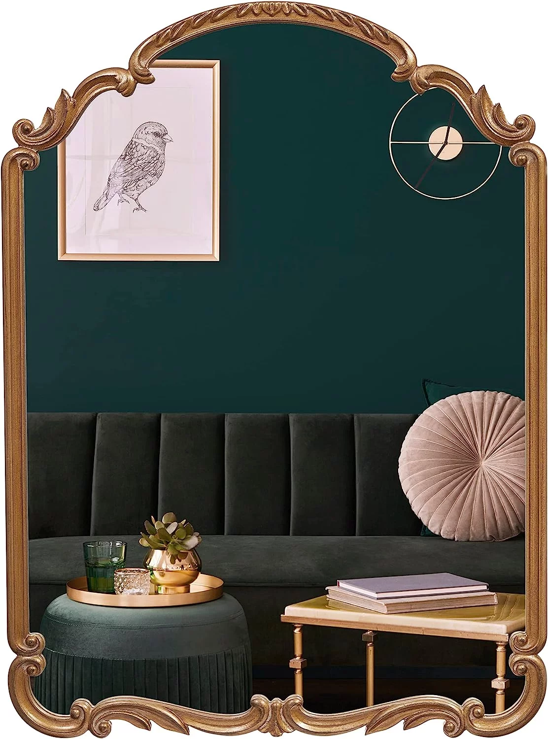 HYUN 22x30 Inch Antique Scroll Carved Arch Wood Wall Mirror, Antique Gold, Mirror for Entryway, Living Room, Bathroom