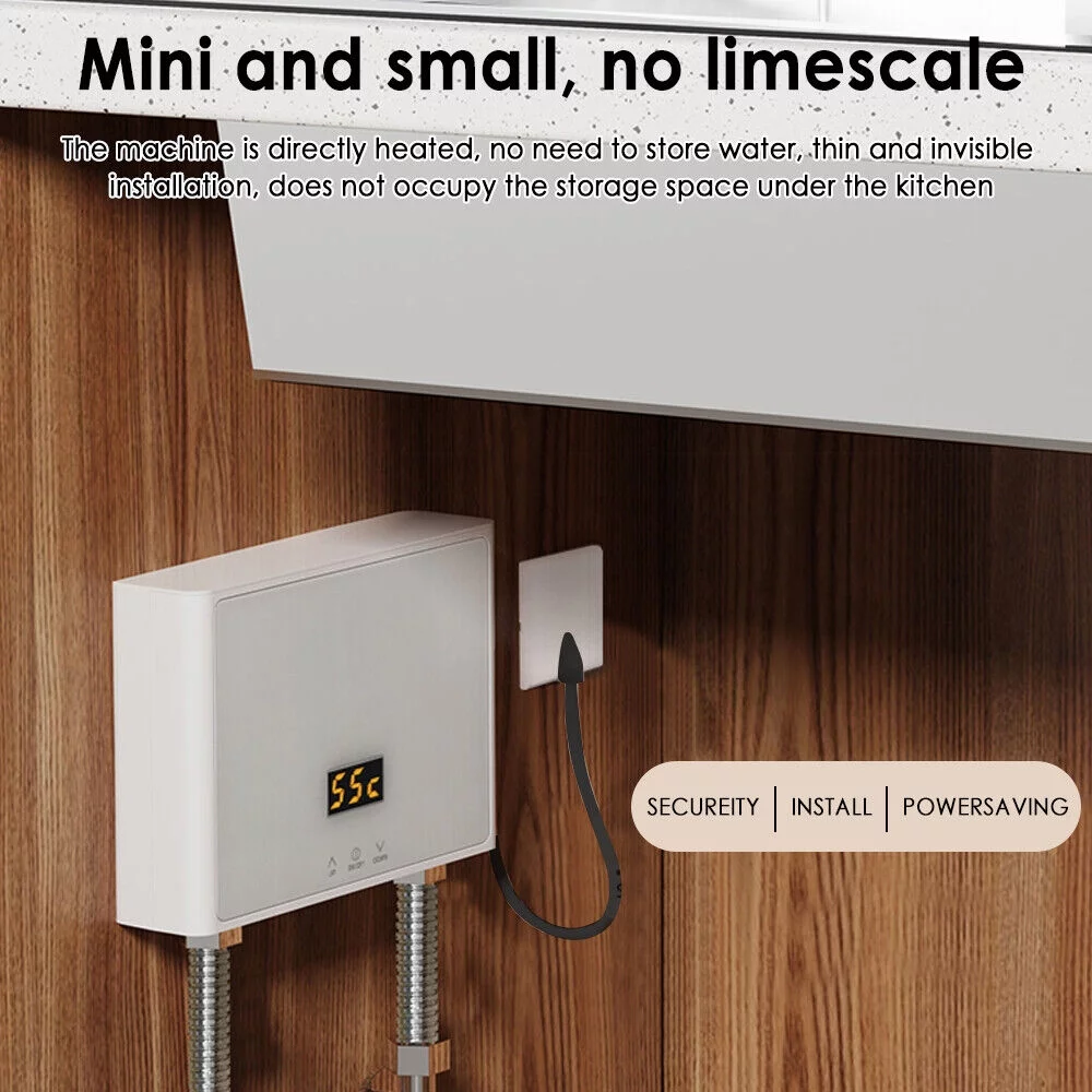 Mini Electric Tankless Water Heater 3000W 110V Constant Temperature Instant Hot Water Heater with Remote Control Digital Display On Demand Hot Water Heater-White