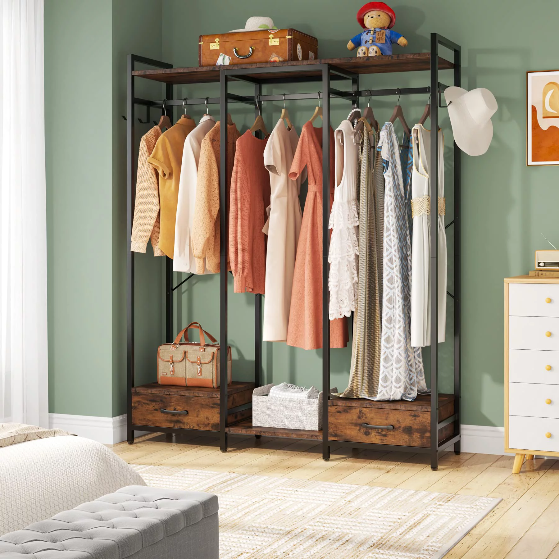Gamment Rack with Drawers for Bedroom, Freestanding Clothing Rack with Storage Shelves and 6 Hooks
