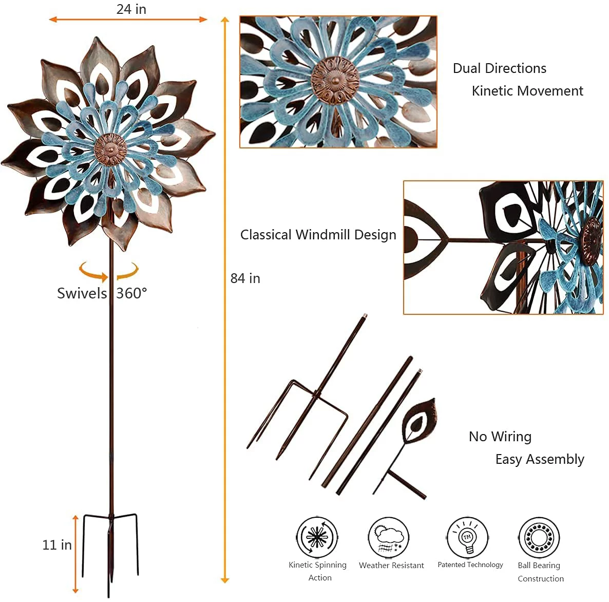 84'' 3D Flower Shape Wind Spinner Stake Metal Windmill Garden spinner for Outdoor Yard Lawn Decorations