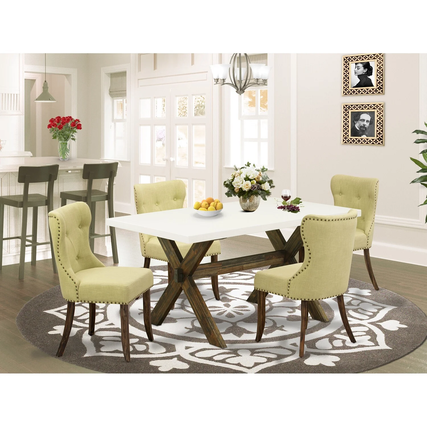East West Furniture X-Style 5-piece Wood Dining Set in Jacobean Brown/Limelight