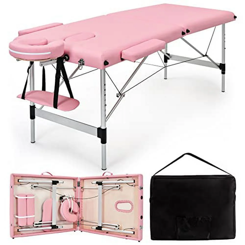 Massage Table - WELLHUT Portable Folding Lash Bed SPA Bed Therapy Salon Tattoo Bed, Height Adjustable, Face Cradle Armrests Headrest Carrying Bag - Pink