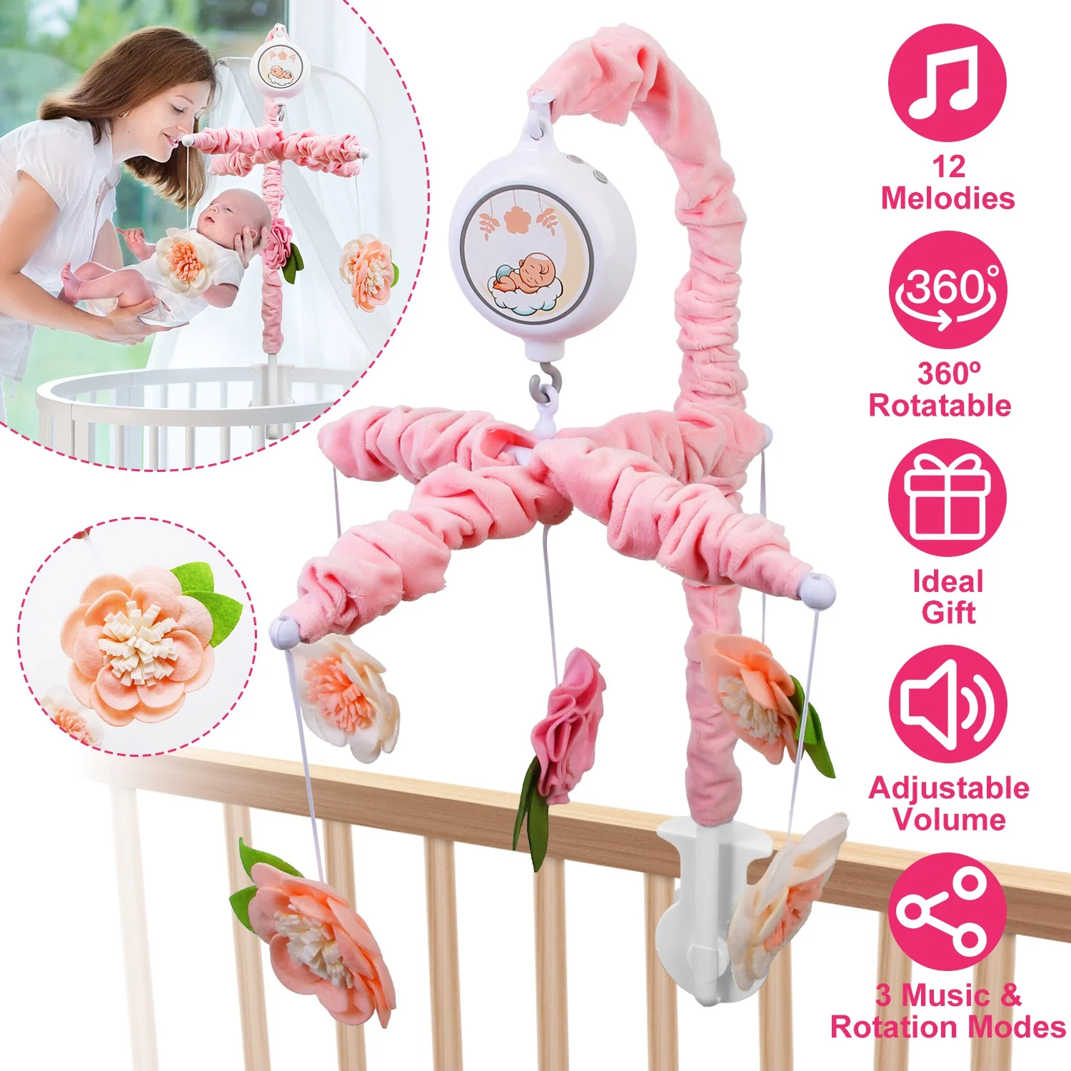 iMounTEK Baby Musical Mobile, Crib Toy, Calming Soother with 12 Lullabies Essential and Perfect Toy for Boys Girls New Mother Gift
