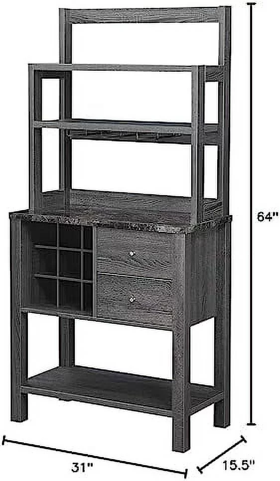 2 Drawer Serving Bar With Wine Rack And Shelves, Black Faux Marble/Wead Gy