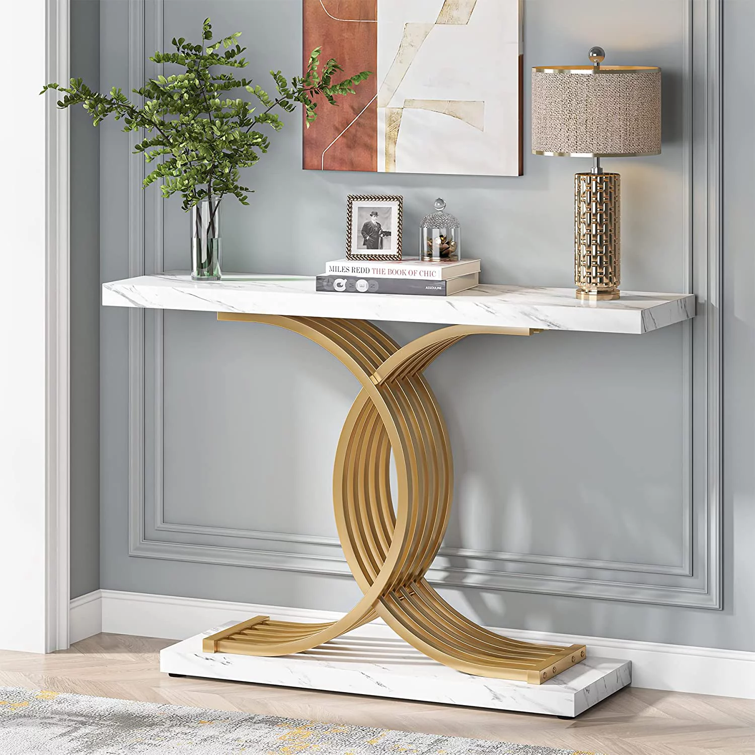 Gold Entryway Table, Modern 39-Inch Console/Accent Table with Geometric Metal Legs, Faux Marble Narrow Wood Sofa Table, Foyer Table for Entrance, Living Room (Gold & White)