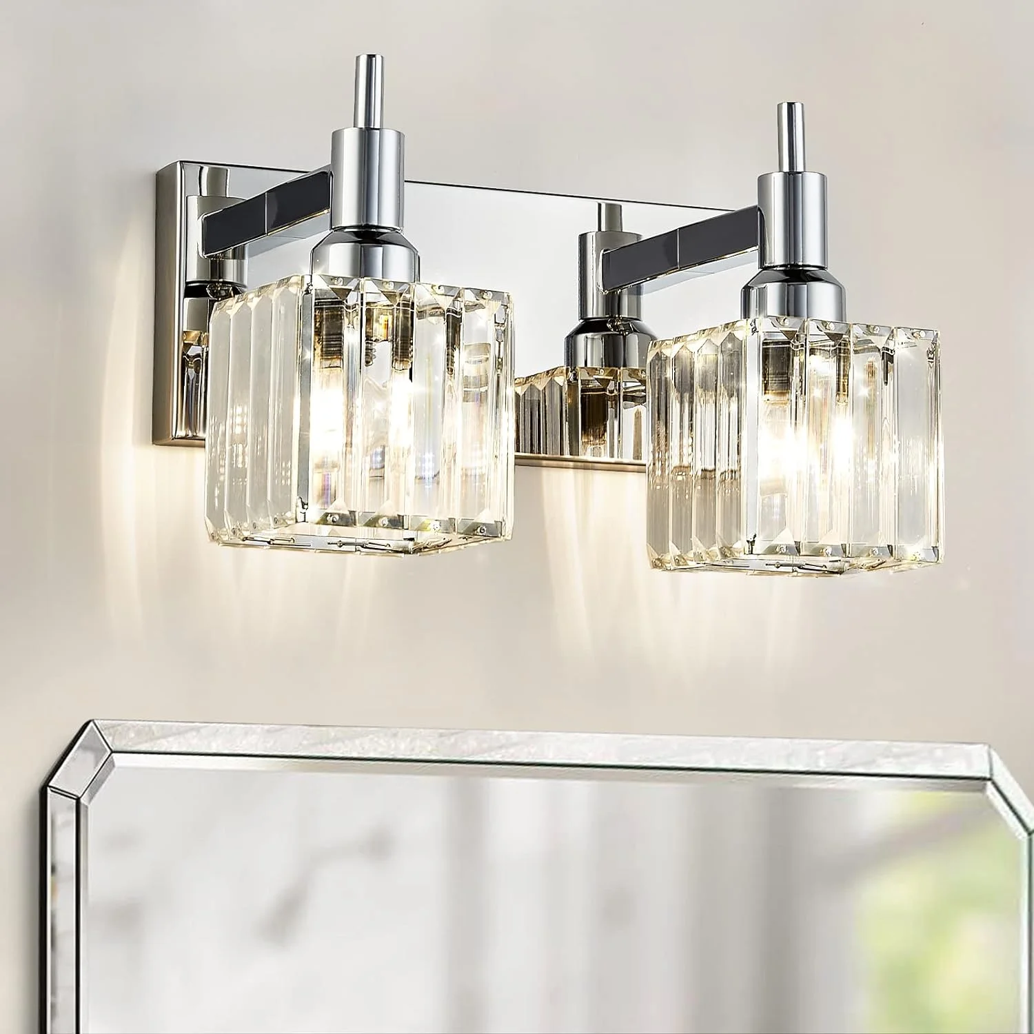YUMIAO Modern Crystal Bathroom Vanity Light 2-Light Wall Light Fixtures Over Mirror Chrome Vanity Lighting for Bathroom Square Shade Wall Sconce