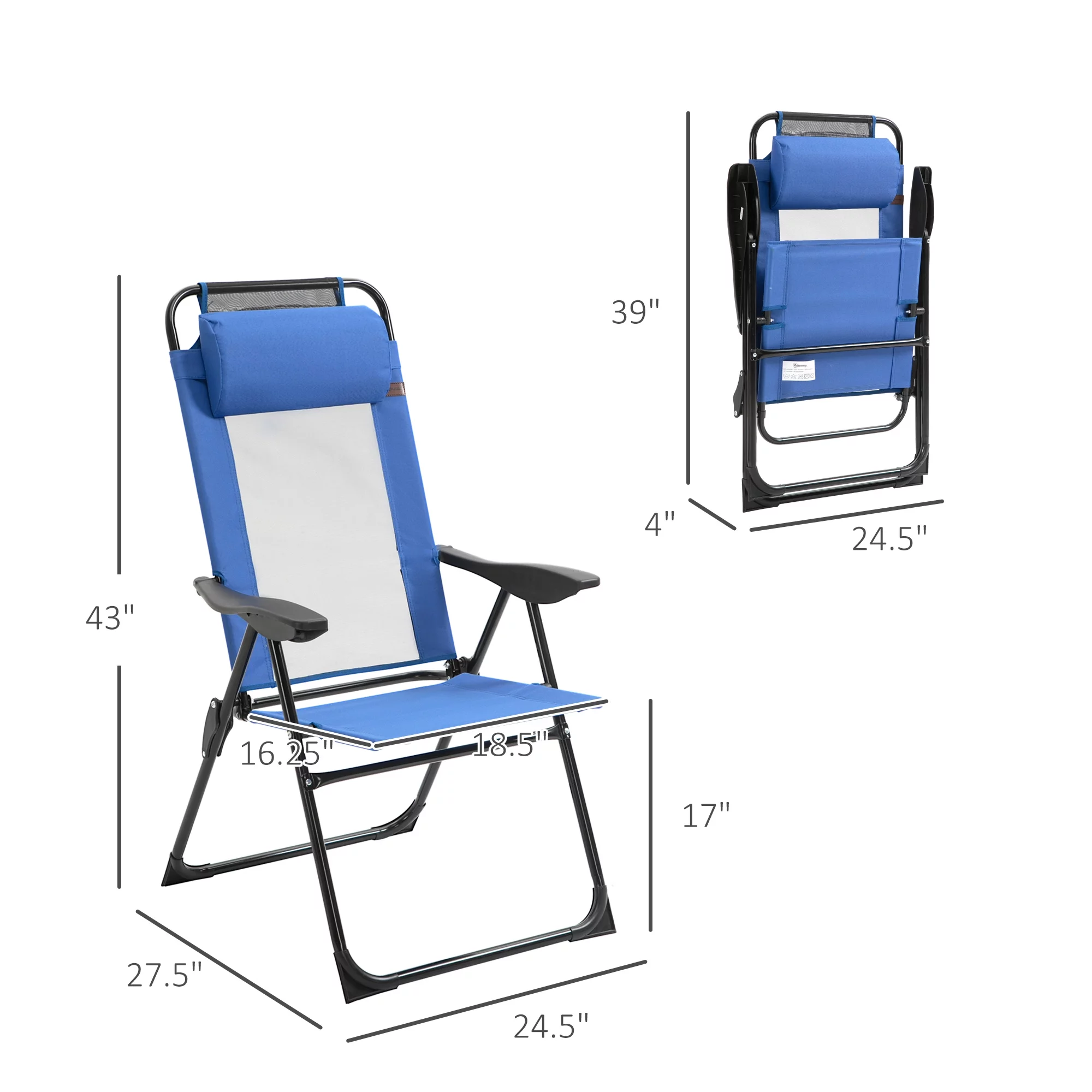 Outsunny Set of 4 Folding Patio Chairs w/ Reclining & Headrest, Blue