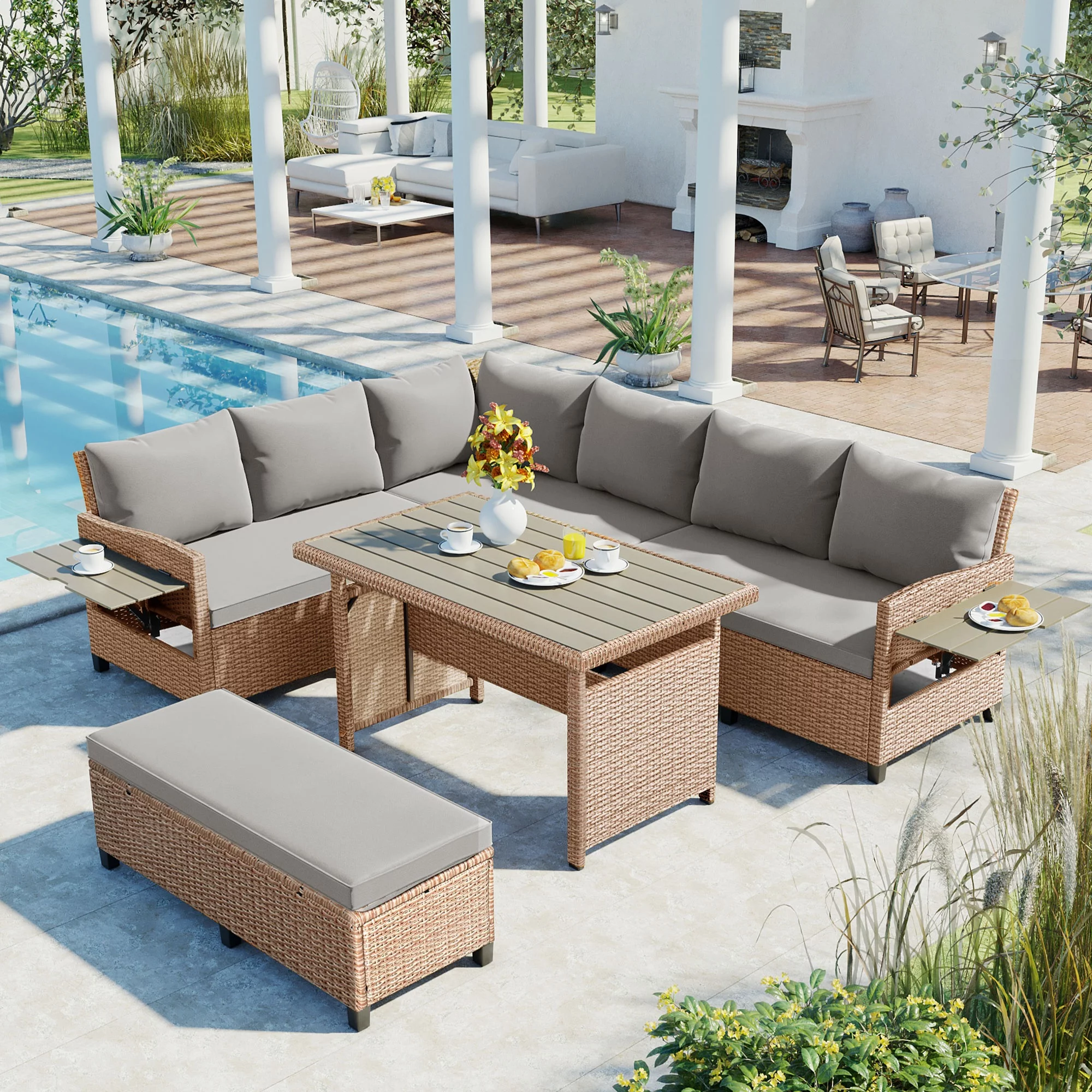 5-Piece Outdoor Patio Rattan Sofa Set, Sectional PE Wicker L-Shaped Garden Furniture Set with 2 Extendable Side Tables, Dining Table and Washable Covers for Backyard, Poolside, Indoor, Brown