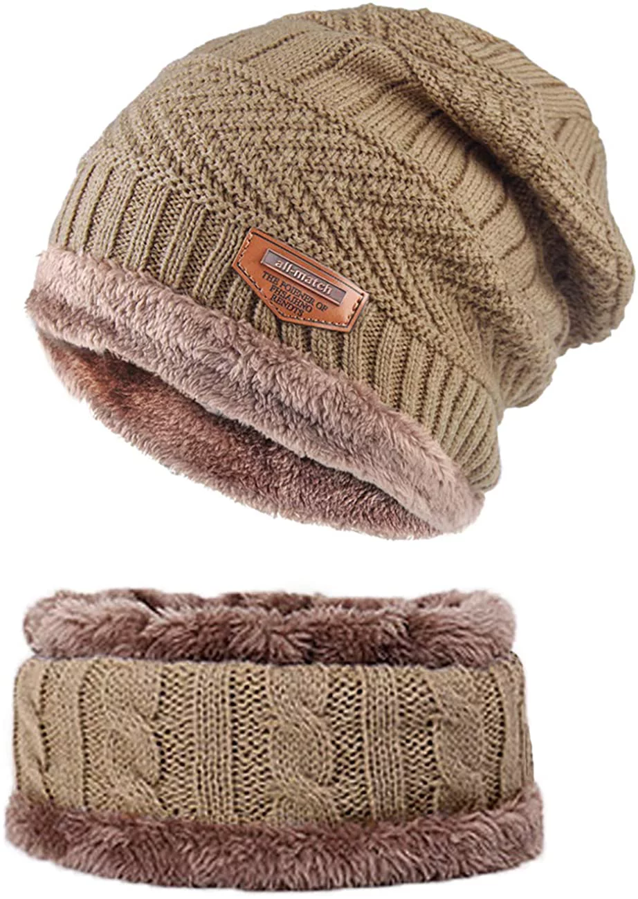 Baumaty 2Pcs Kids Winter Knitted Hats+Scarf Set Warm Fleece Lining Cap for 5-14 Year Old Boys Girls (Khaki)