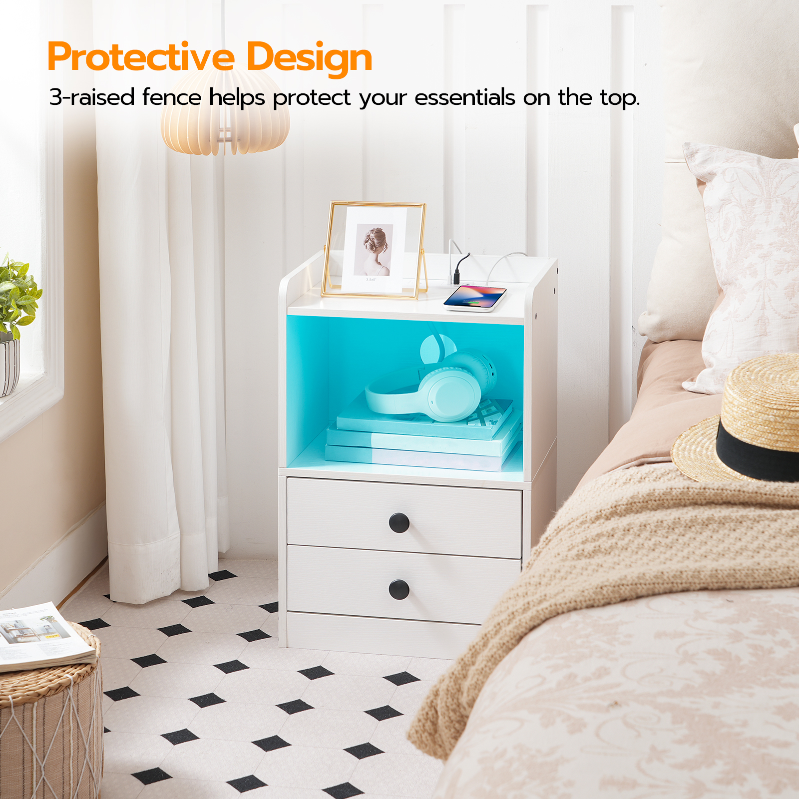 HOOBRO Nightstand with Charging Station End Table with LED Light Strip Side Table with 2 Drawers Bedroom Cloakroom White WT28UDBZ01