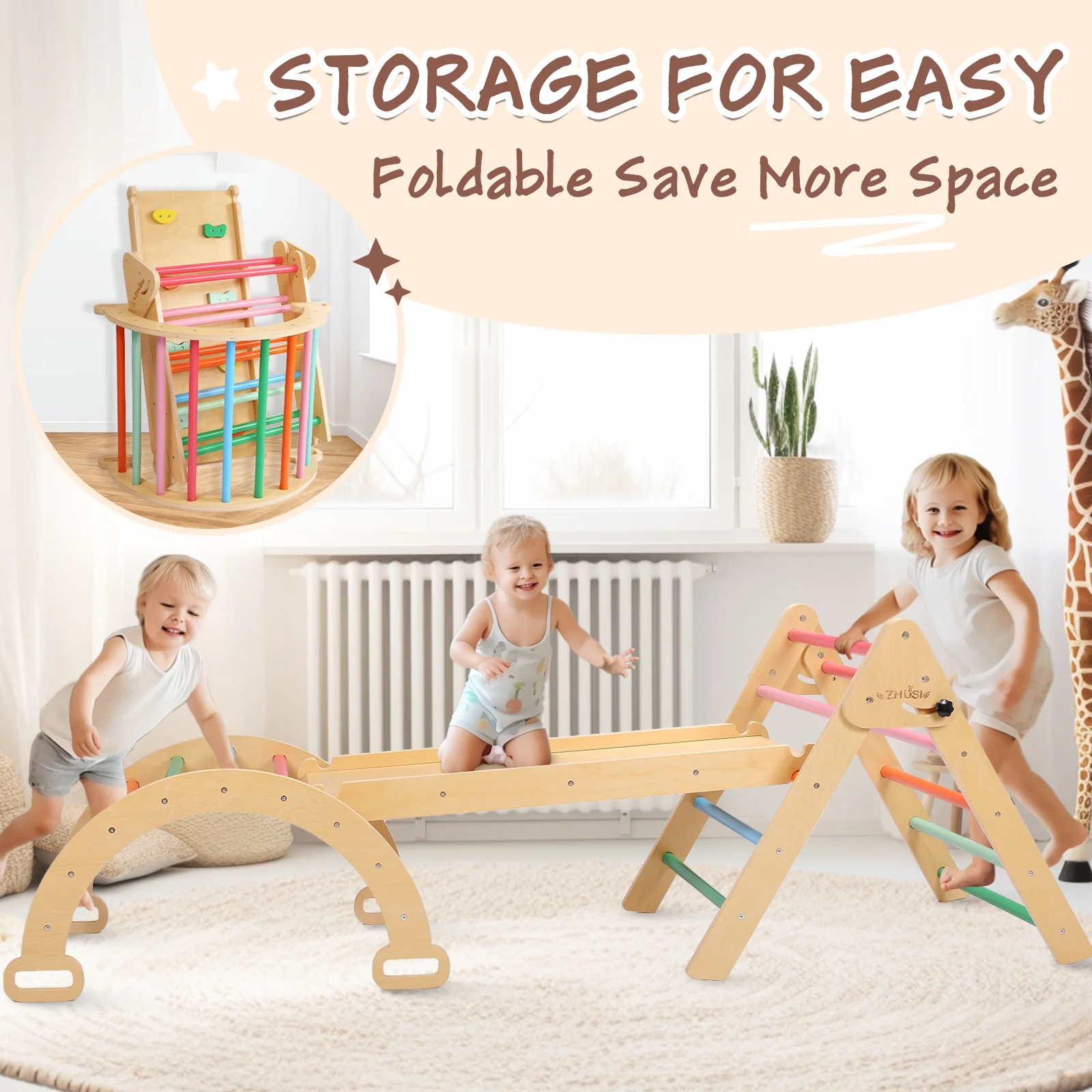 Sweet Time Montessori Climbing Playset, 5 in 1 Foldable Toddler Climbing Toys, Wooden Playground Climbers for 1-4 Years