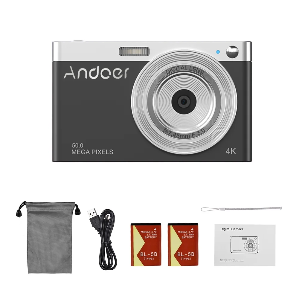 Andoer-2 Andoer Compact 4K Digital Camera Video Camcorder 50MP 2.88Inch IPS Screen Auto Focus 16X Zoom -shake Face Detact Smile Capture Built-in Flash with 2pcs Batteries Carry Bag Wrist Strap for Ki