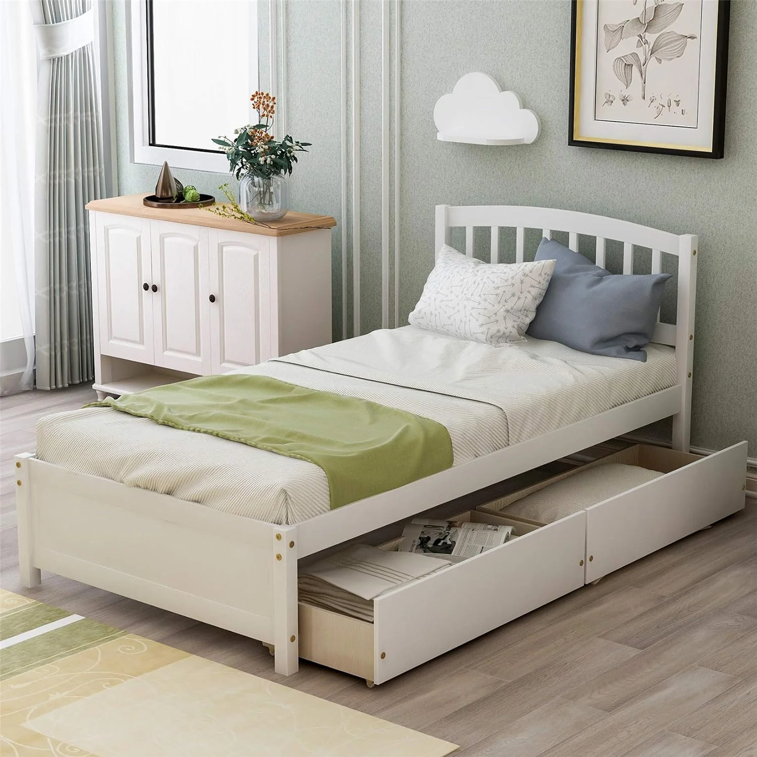 Bed Wih Drawers,Wood Bed Frame Wih Headboard Ad Fooboard Wood Plaform Capai Bed For Boys, Girls, Kids, ees Ad Aduls,Whie