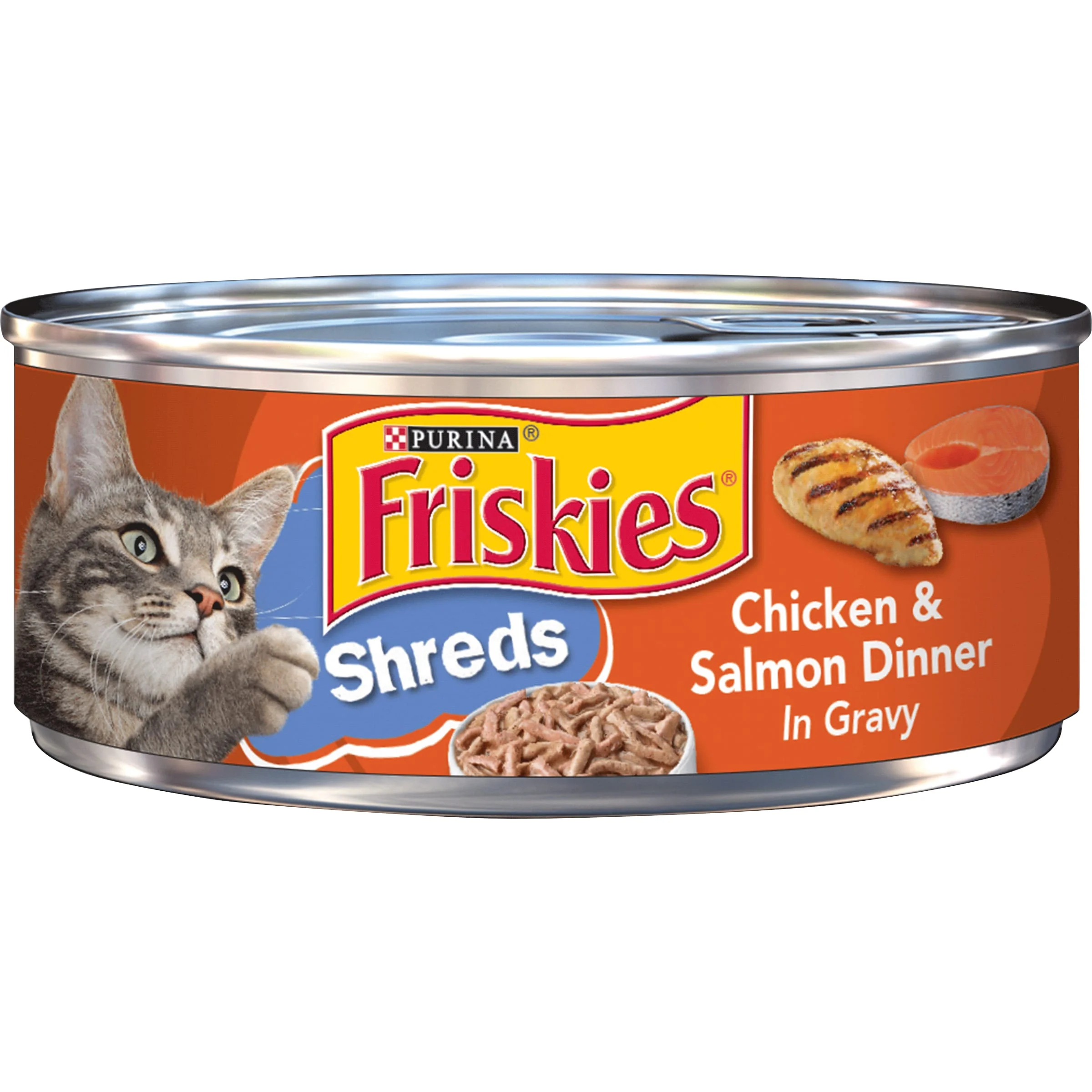 (24 pack) Purina Friskies Shreds Gravy Wet Cat Food, Soft Chicken & Salmon, 5.5 oz Can