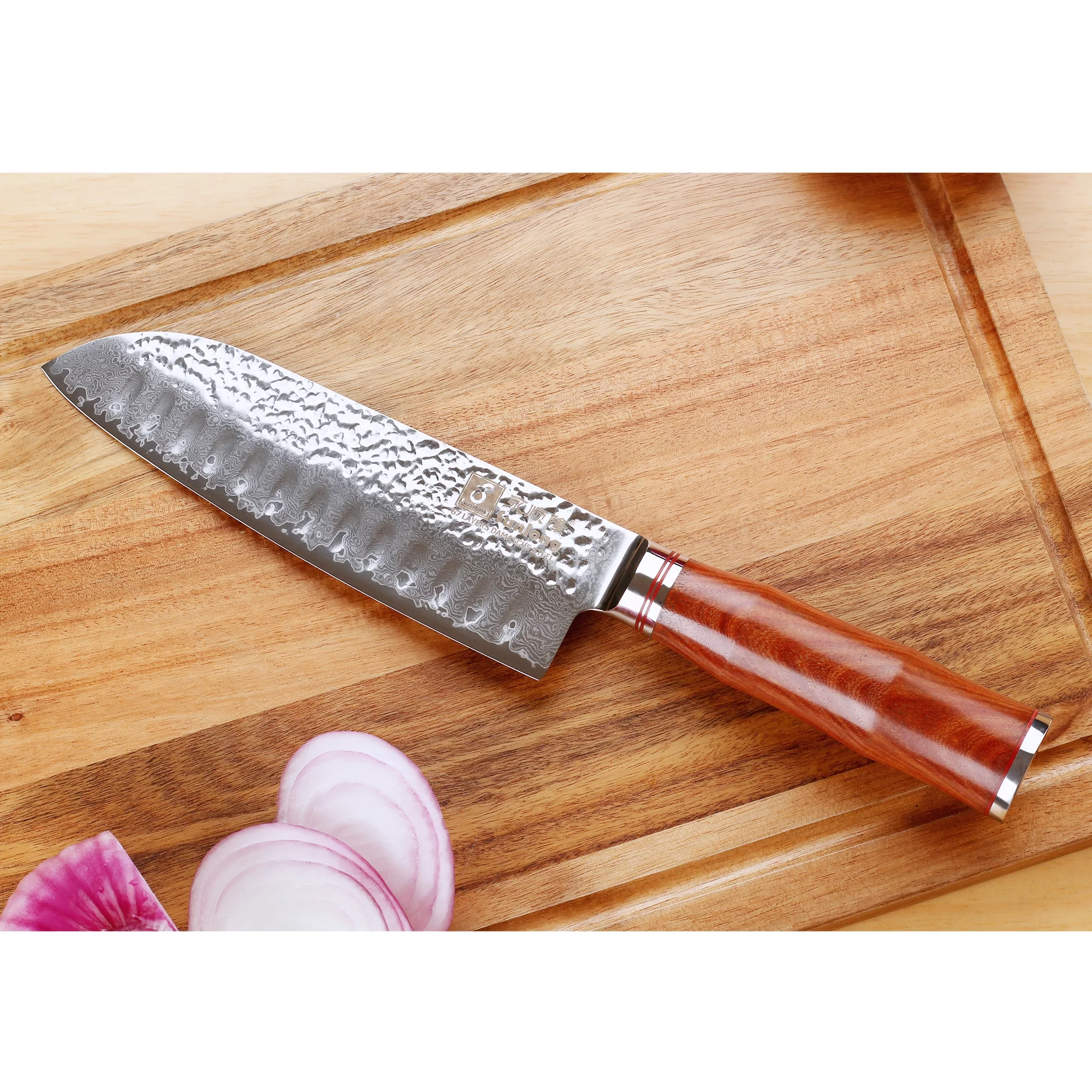SUNLONG Santoku Knives 7 inch - Chef Knife Japanese Hammered Damascus Steel Natural Bloodwood Handle
