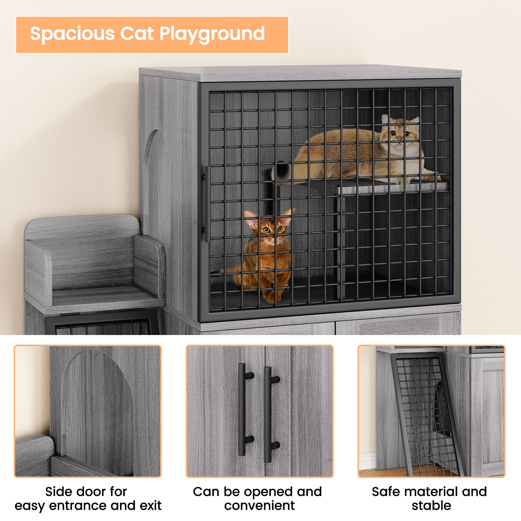 Towallmark 2 In 1 Hidden Litter Box Enclosure Furniture, 2 Storage Racks And 2 Drawers, Litter Box With Platform, Ladder, Indoor Cat Washroom, Rustic Grey