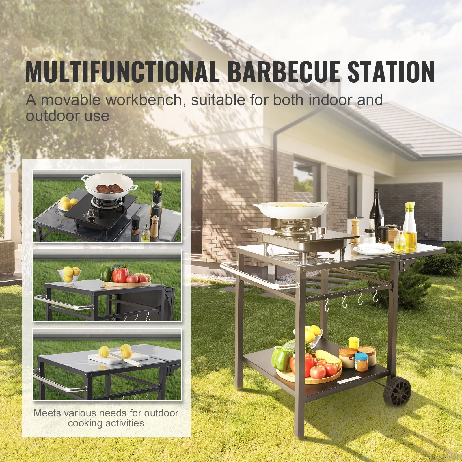 SKYSHALO BBQ Movable Outdoor Grill Dining Cart Double-Shelf Food Prep Trolley Patio