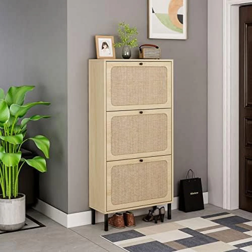 ZWNLKQG Shoe Cabinet with 3 Flip Down  Shelves Free-Standing Shoe Rack Rustic Wood Shoe  Organizer with Unique Rattan Decor for Entryway Hallway Doorway
