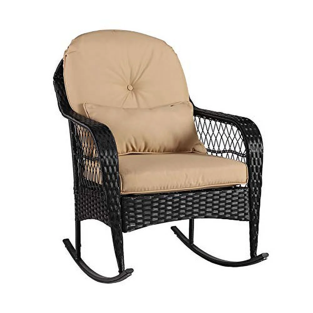 B Outdoor Wicker Rocking Chair - Garden Patio Yard Porch Lawn Balcony Backyard Furniture All- Weather Wicker Rocker Chair with Cushions(1PC,Khaki)