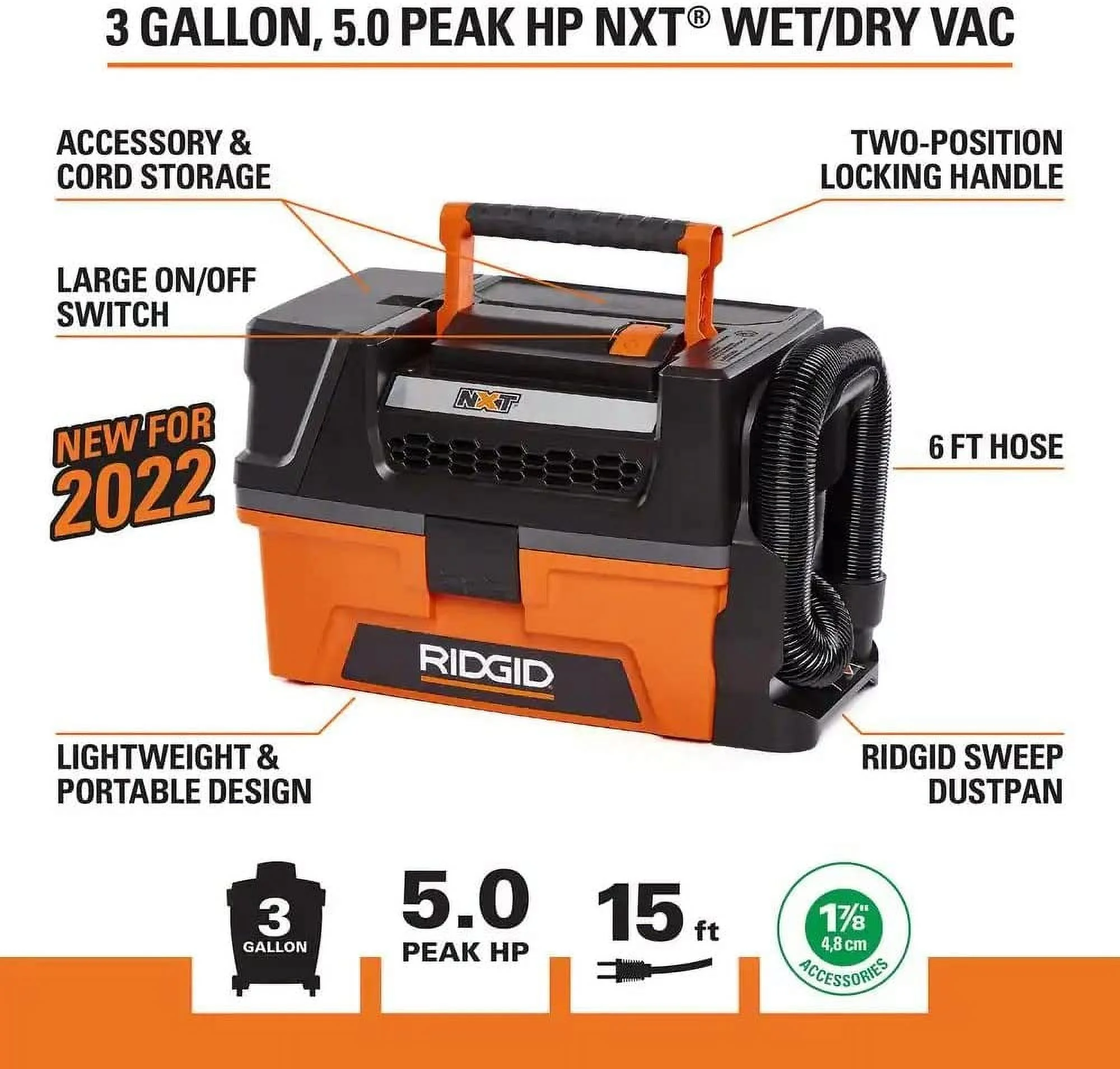 Ridgid HD0300 3 Gallon 5.0 Peak HP NXT Wet/Dry Shop Vacuum