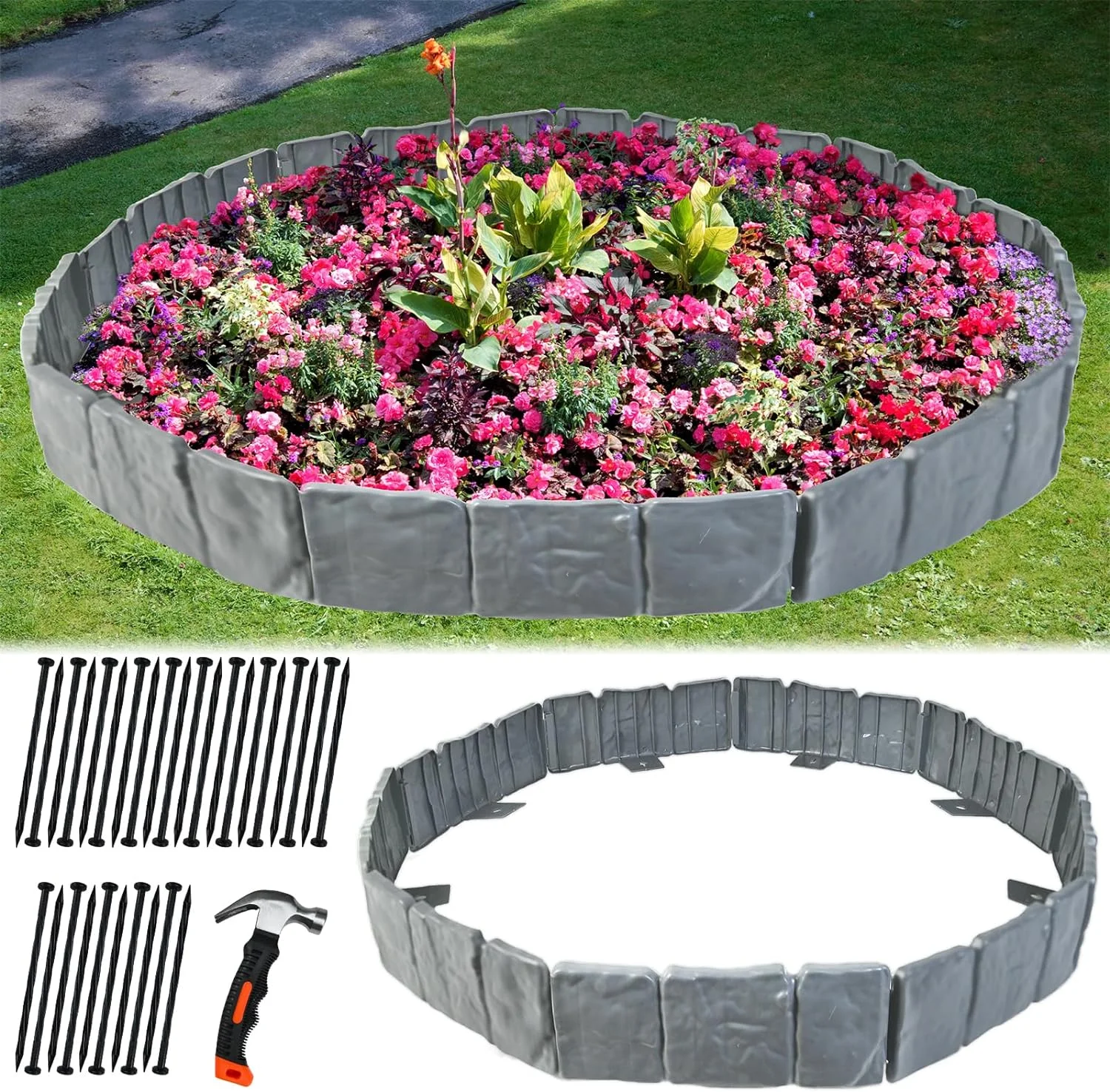 DSTESS Garden Edging Border, 24ft Long Plastic Landscape Edging No Dig for Flower Beds, Garden Edging Imitation Stone Border, Garden Borders and Edging for Landscaping,Gray,30Pcs