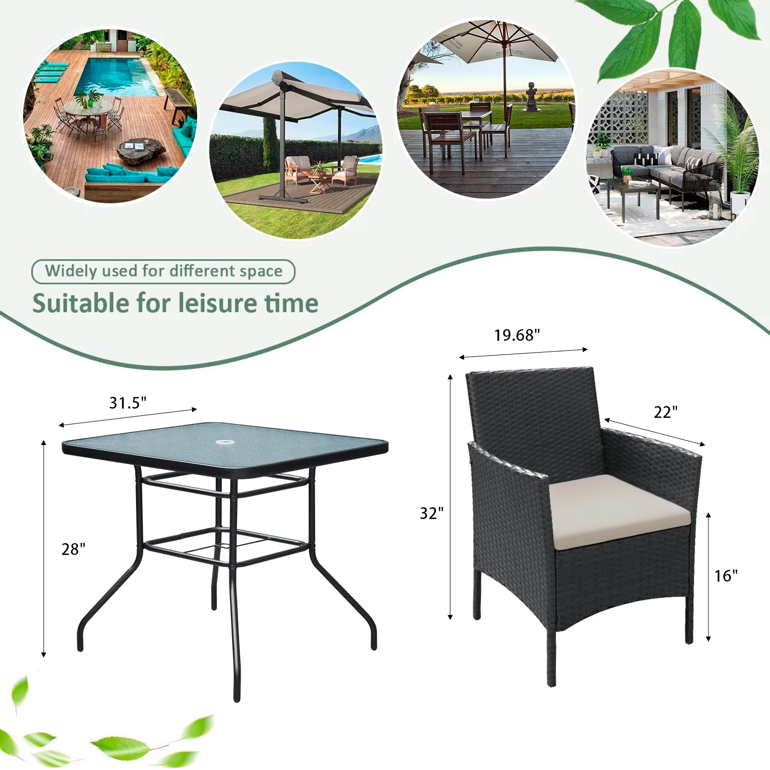 Vineego 5 Piece Patio Conversation Set Wicker Chairs Set with Tempered Glass Table, Beige